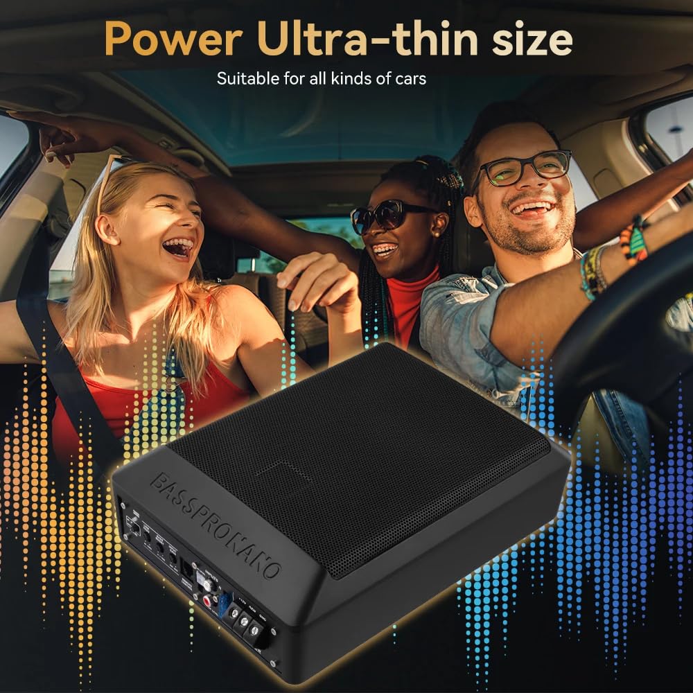 Podofo Aktywny subwoofer samochodowy 600 W, ultra cienki głośnik pod siedzeniem, wzmacniacz basowy 12 V 4 omy, 28 x 20 x 7,5 cm, z kablem wzmacniacza i kompletnym zestawem instalacyjnym