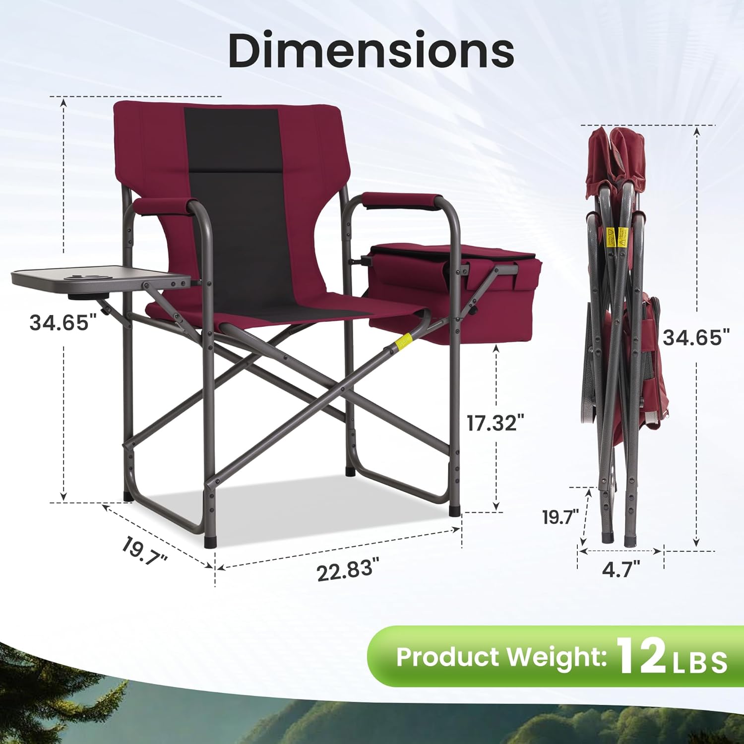 Director Camping Chair - 400lbs Heavy Duty with Cooler Bag & Foldable Side Tray, Portable Outdoor Lawn Chair for Backyard/Fishing/Beach (Wine Red)