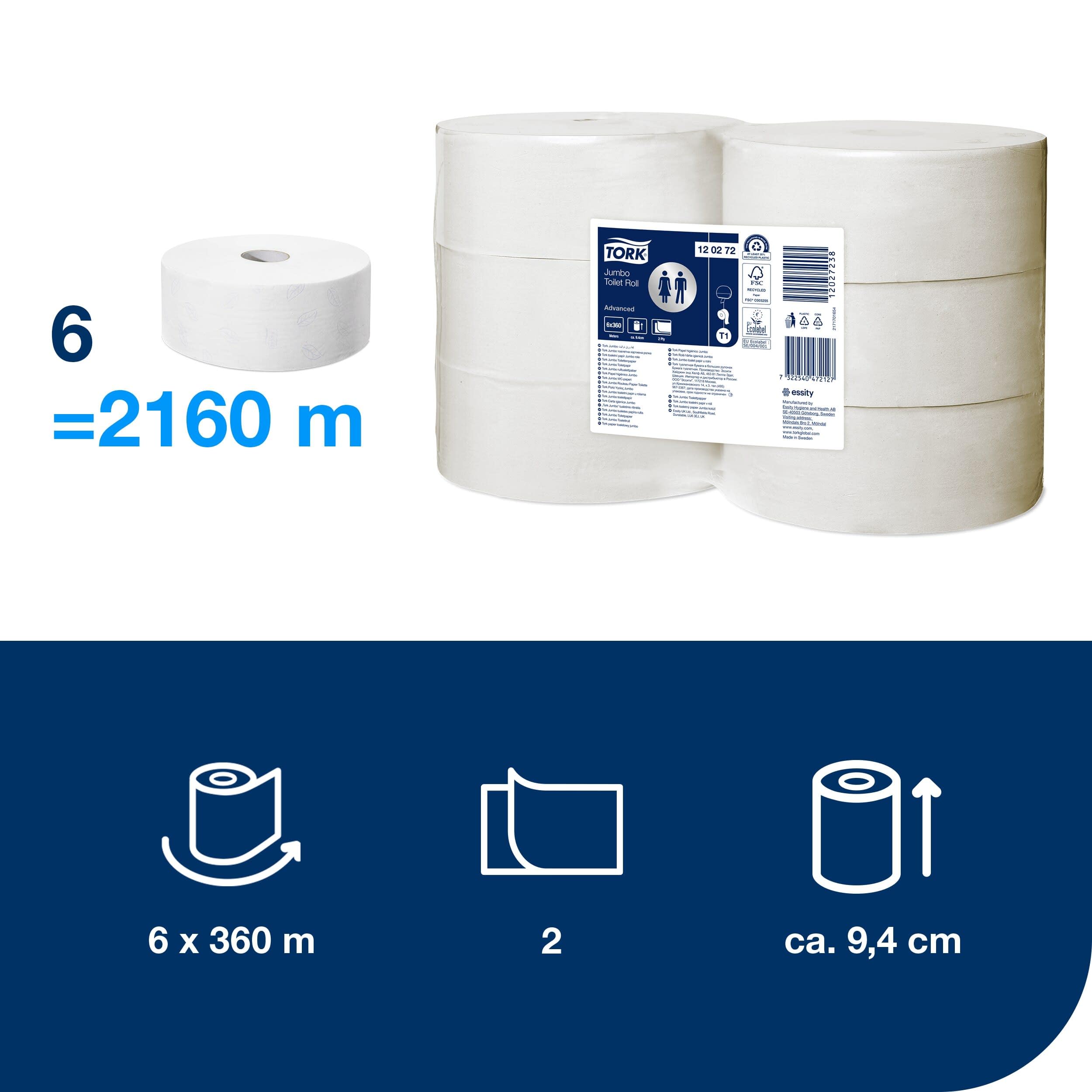Tork 120272 rollos de papel higiénico Jumbo T1 / Rollos wc de larga duración de 2 capas compatible con el sistema higiénico Jumbo Tork T1, 6 rollos x paquete
