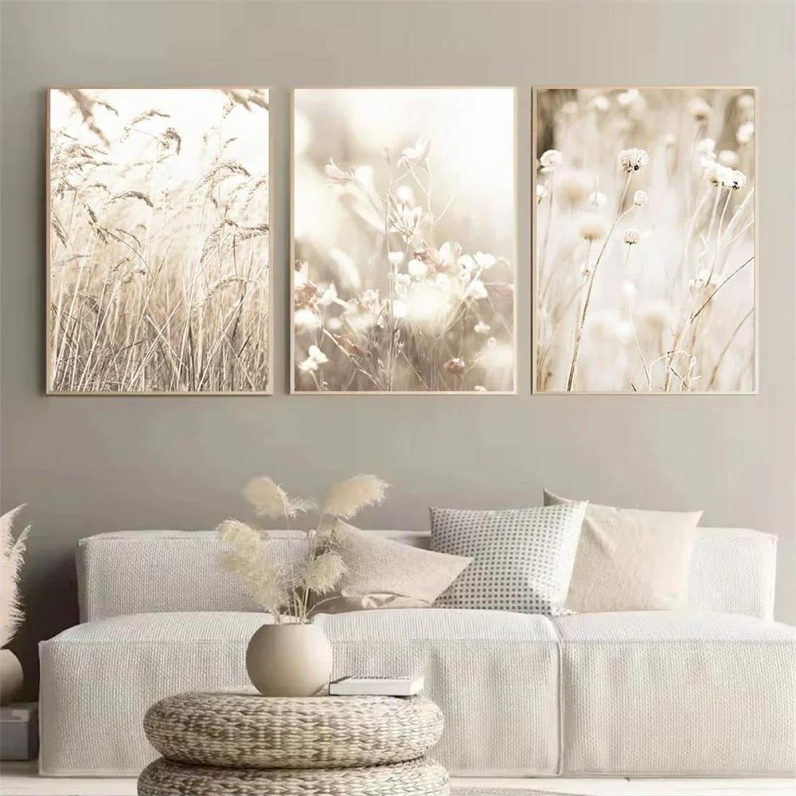 Baibexing Beige Hay Plants Flower Canvas Painting Poster Print Wall Art Picture Modern Living Room Decor 21X30Cmx3Pcs Unframed