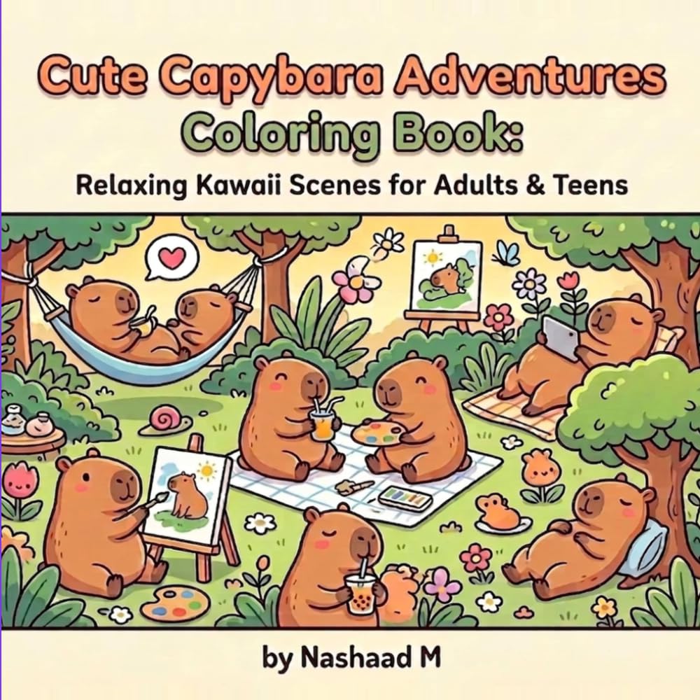 Cute Capybara Adventures Coloring Book: Relaxing Kawaii Scenes for Adults & Teens