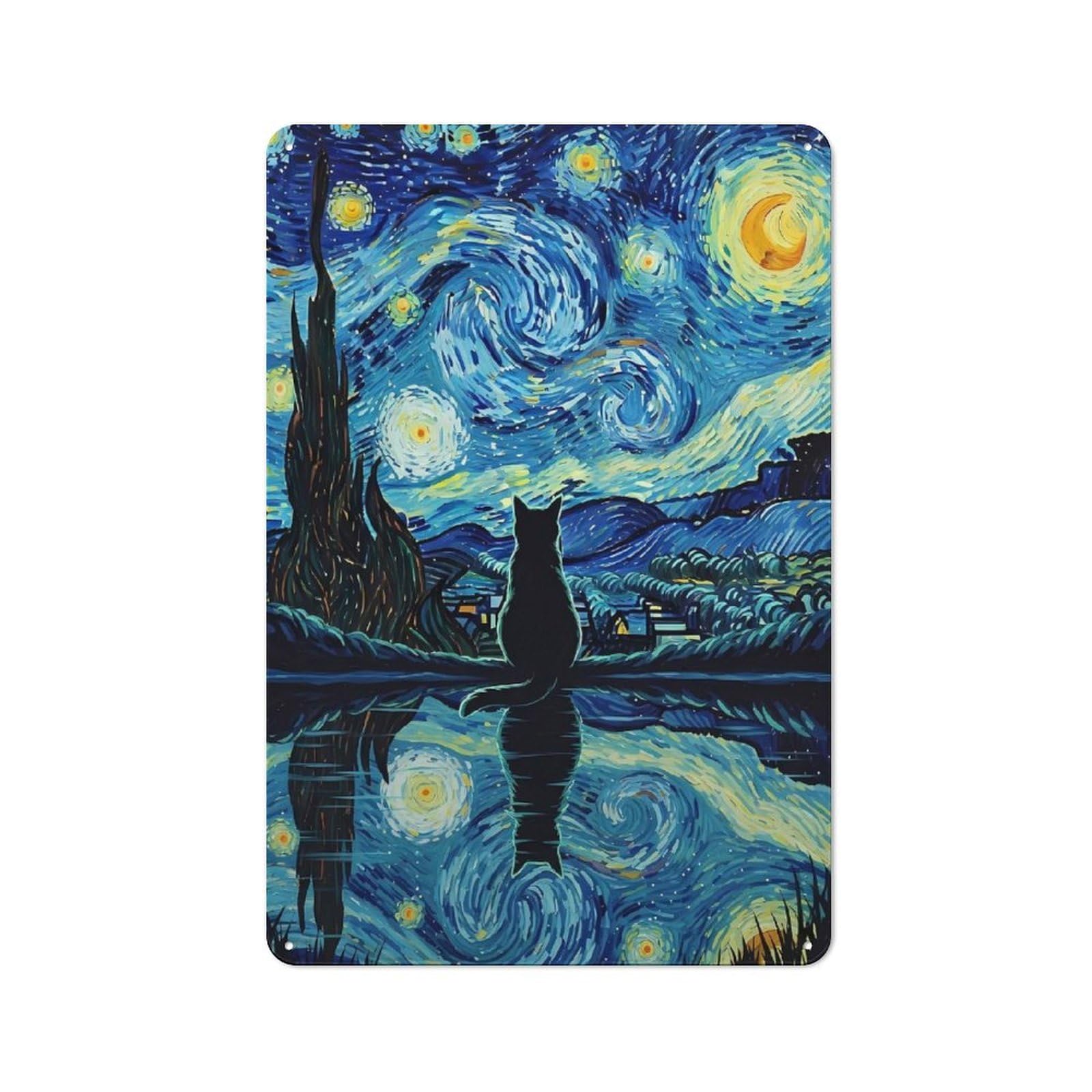 Junmoney Style-21 Cat Starry Night Painting Tin Sign 30X20cm For Living Room Wall, Rustic Wall Decor, For Living Room Decor Lovers