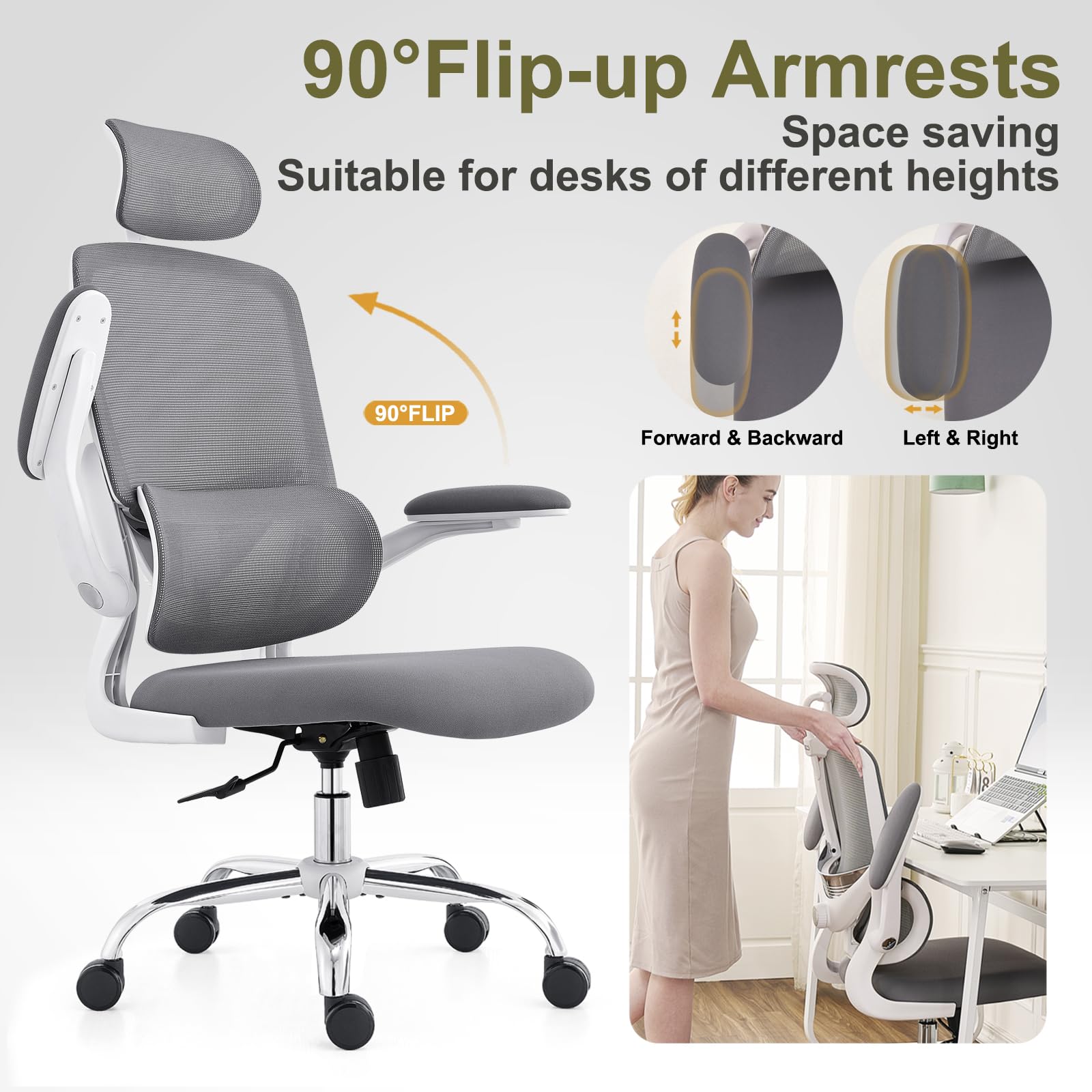 Silla Ergonómica para Oficina, Silla de Escritorio Respaldo Alto de Malla, Soporte Lumbar Ajustable, Reposabrazos Abatible, Reposacabezas Desmontable, Silla Giratoria para Juegos, 150 KG