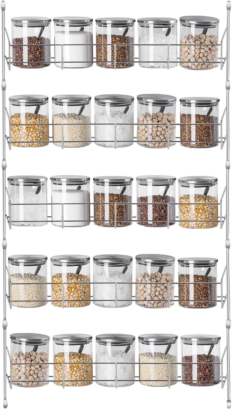 Wall Mounted Spice Racks -5 Tier Spice Herb Jar Rack Wall Mounted Spice Organizer Metal Rack Pantry Shelf Holder Cupboard Spice Stand Kitchen Storage Unit Multilayer Seasoning Rack