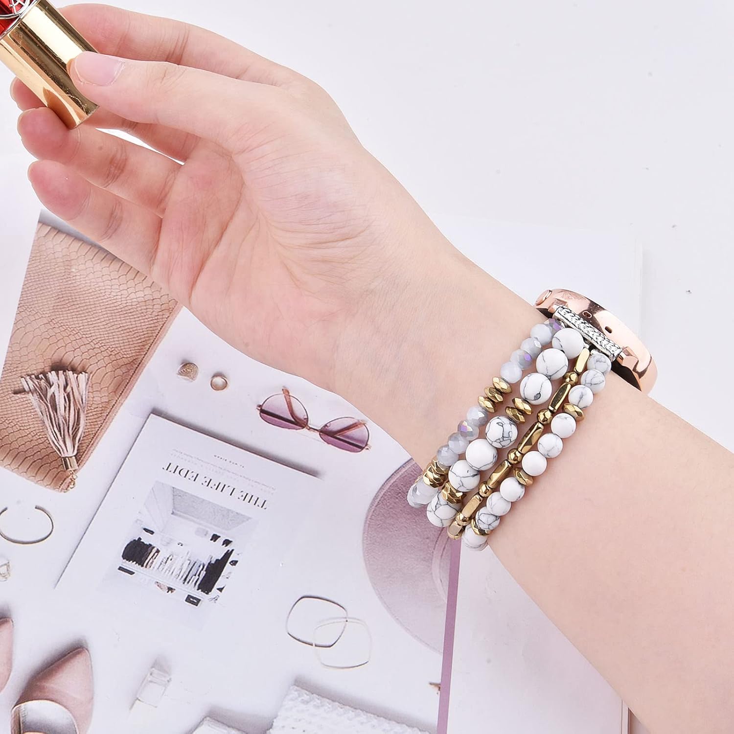 VISOOM Beaded Boho Bracelet Compatible for Samsung Galaxy Watch 8/7/6/5/4 40/44mm Bands/Active 2 Watch 4 Classic 42mm Band Women, 20mm Handmade Elastic Crystal Beads Bracelet for Galaxy Watch 5 pro - Image 3