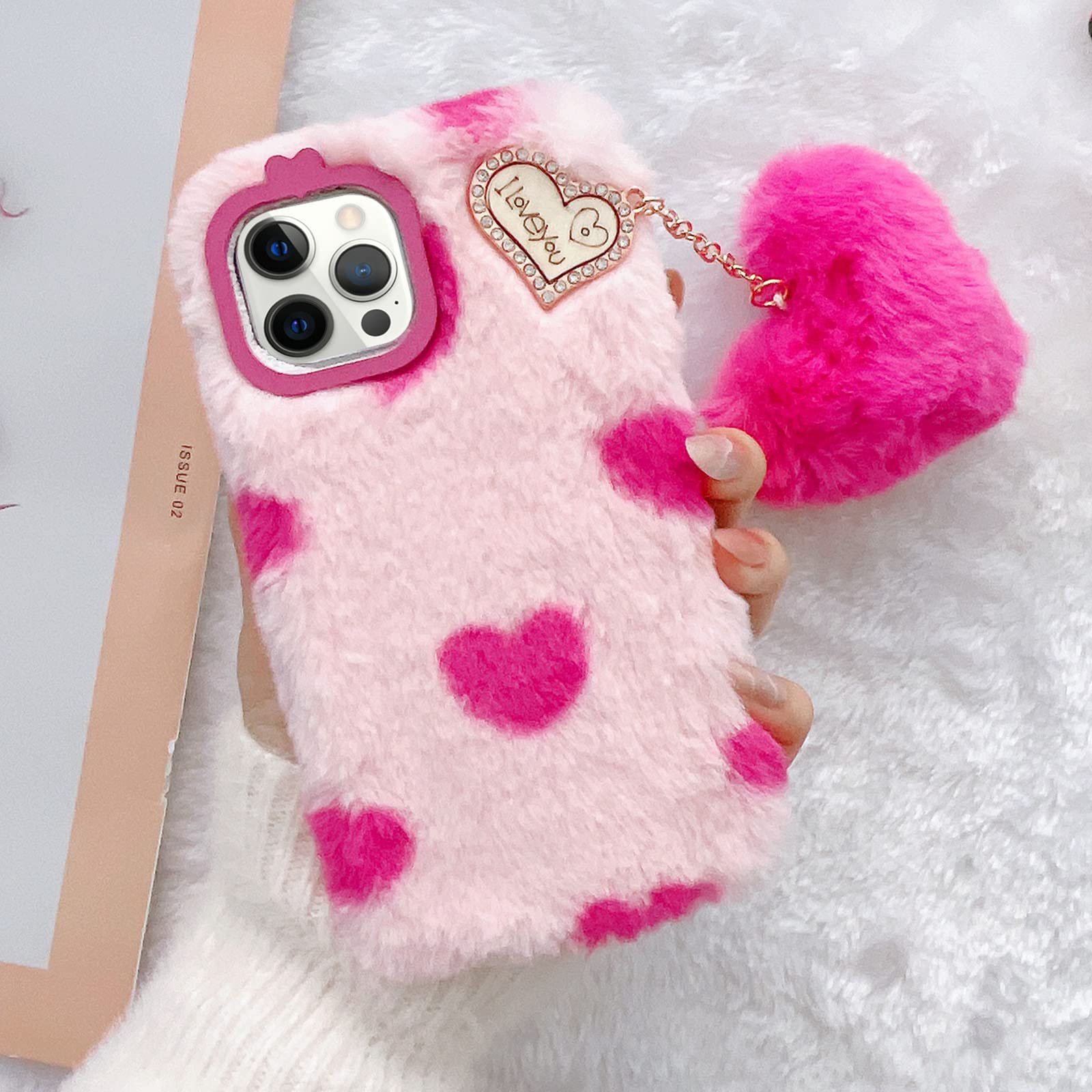 Losin Compatible with iPhone 13 Pro Max Plush Furry Case with Cute 3D Love Heart Fuzzy Ball Pendant Fashion Fuzzy Fluffy Fur Case Luxury Bling Glitter