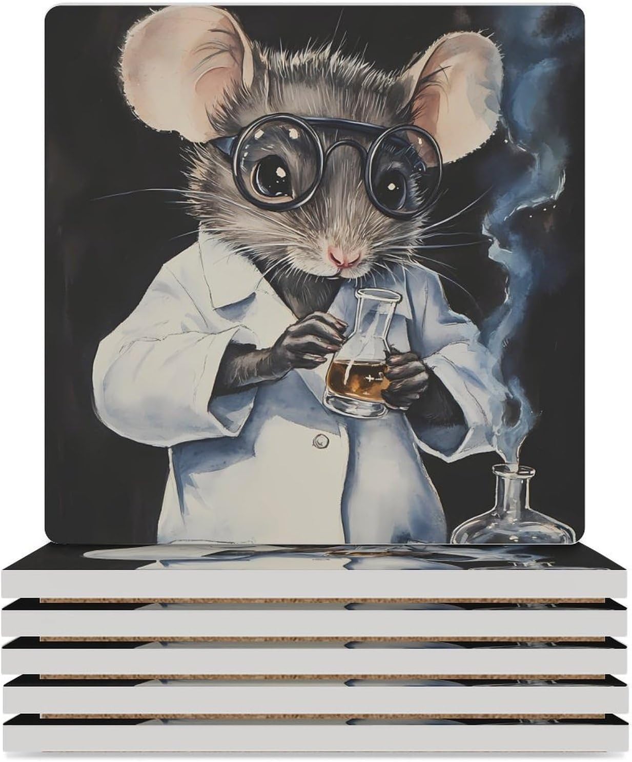 Lab Rat Funny Ceramic Coasters for Drinks Absorbent Cup Holder Tabletop Protector with Cork Base