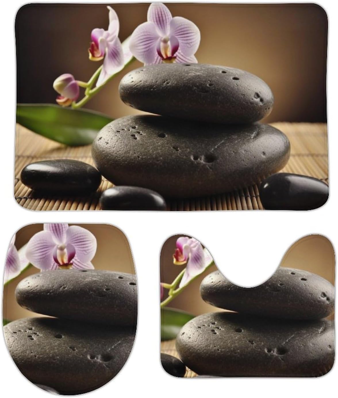 Anti-Skid Floor Mats 3 Piece Set,Zen Stone Printed Coral Fleece Bathroom Mats U-Shaped Contour Mat Toilet Seat Cover for Bathroom, Tub, Shower, Kitchen 19.7"x31.5"