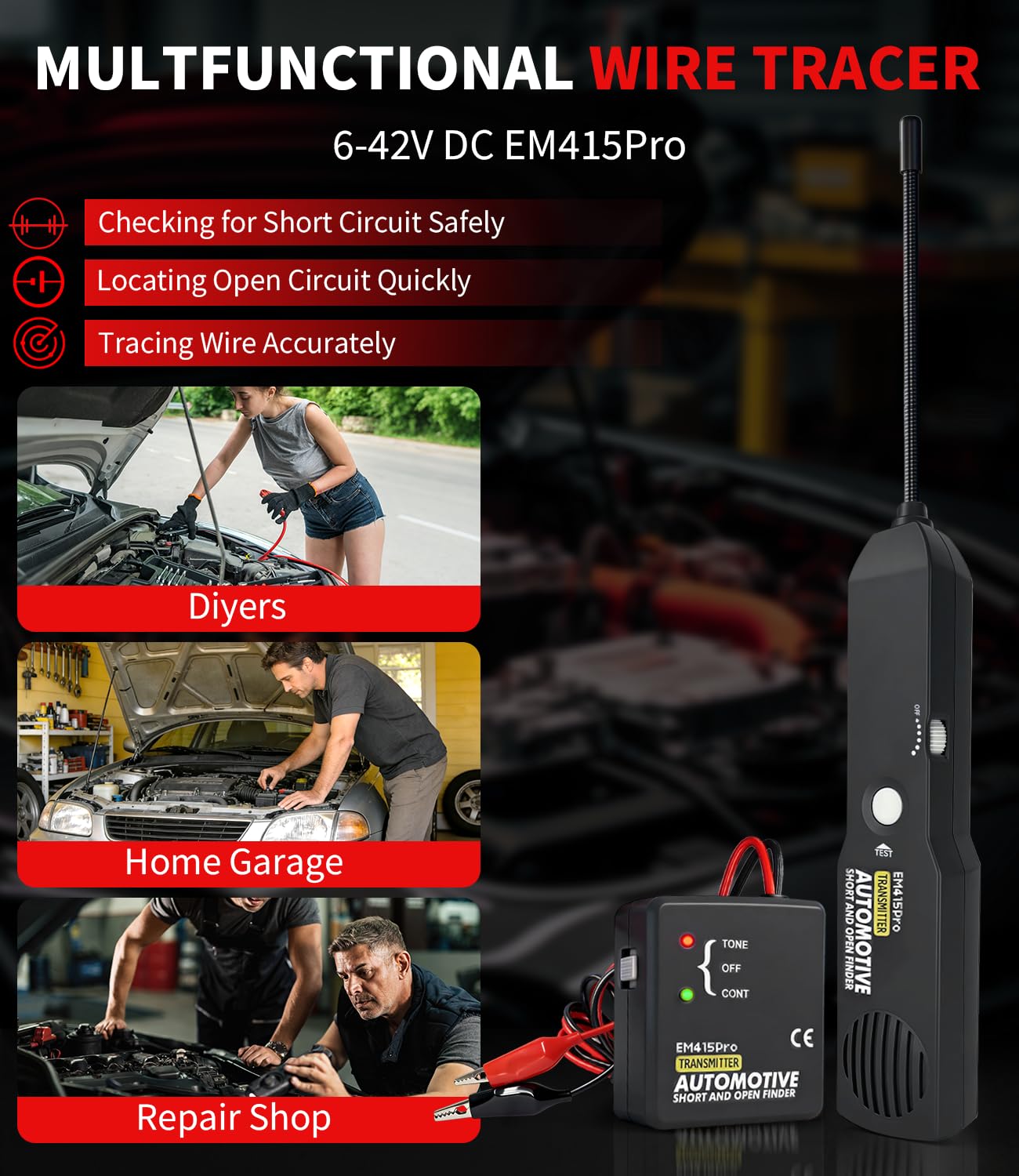 EM415Pro Kabelsucher – Fehler- und Kurzschlussdetektor für die Kfz-Elektrik, VEHLIVE 6–42 V DC-Schaltkreistester, Kfz-Sicherungsdetektor, Fehlersonde, Kabelsucher für Auto, Boot und Anhänger