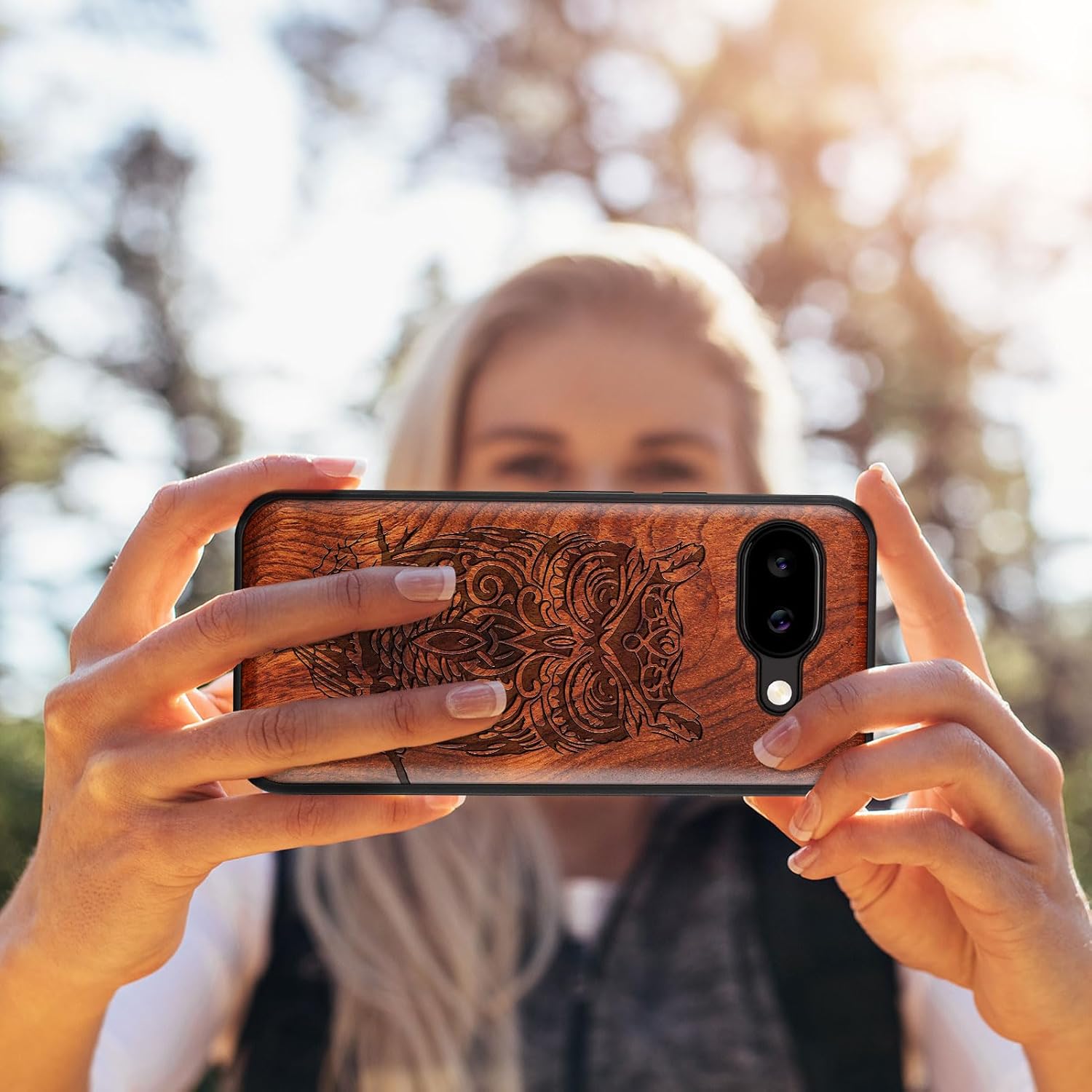 Carveit Magnetic Wooden Case for Google Pixel 9a Case, Wood Artisan Engraved & Soft TPU Shockproof Cover, Compatible with MagSafe Wireless Chargers (Owl Perched on Branch) Rosy