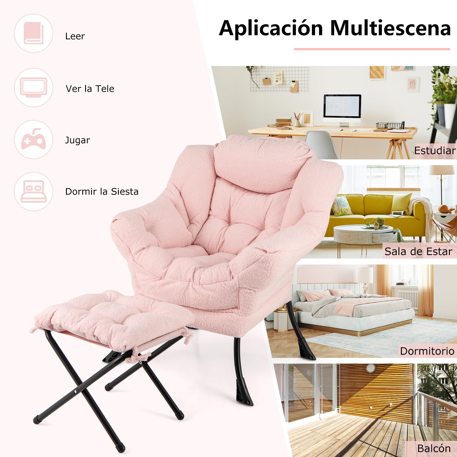 GIANTEX Sillón de Lectura con Reposapiés, Silla Sofá Moderna de Vellón de Imitación con Taburete Plegable, Cojín Suave y Bolsillo Lateral, Sillón de Ocio para Salón, Oficina, Dormitorio (Rosa)