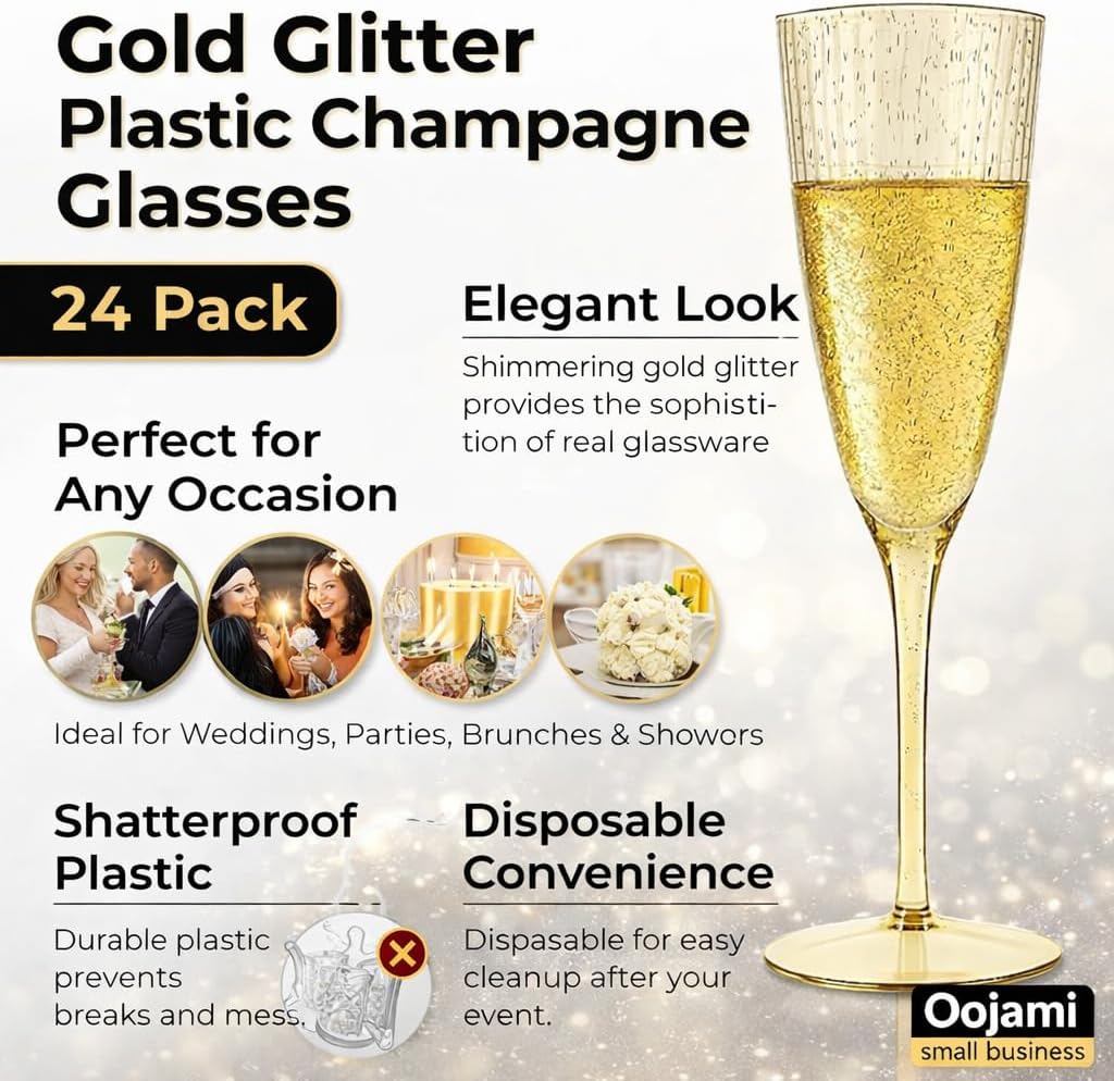 Oojami 24 Plastic Champagne Flutes 6 Oz Gold Glitter Disposable, Hard Clear Toasting Glasses for Wedding Party - BPA-Free - Image 2