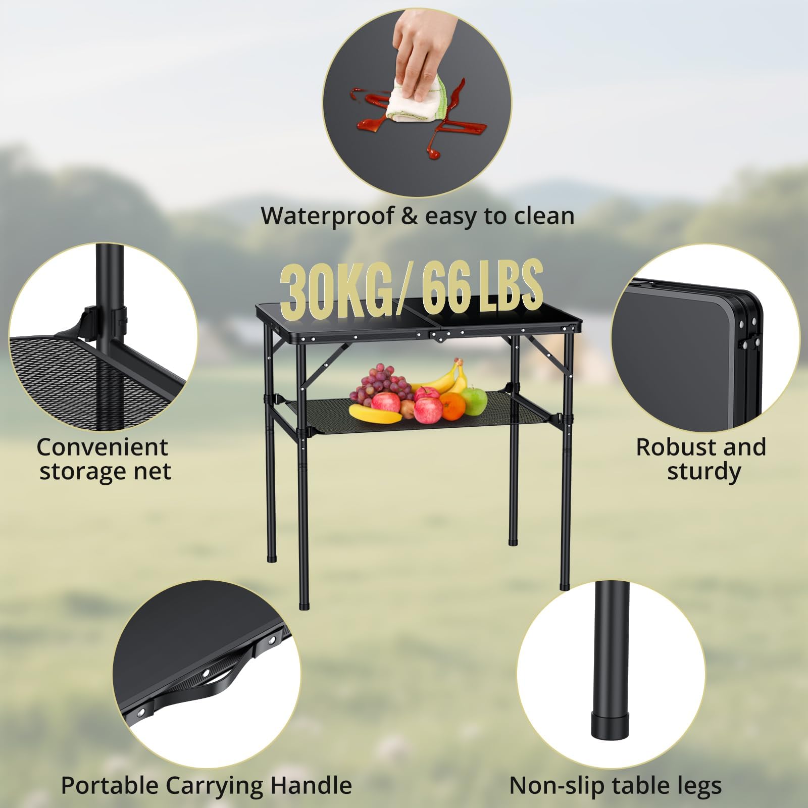 Anbte Campingtisch Klappbar 90x60x74.7cm(LxBxH) Aluminium Rahmen mit 2 Höhen Verstellbar Koffertisch 30kg Tragkraft mit Aufbewahrungsnetz Tragbar Picknicktisch für Camping Strand Balkon (Schwarz)