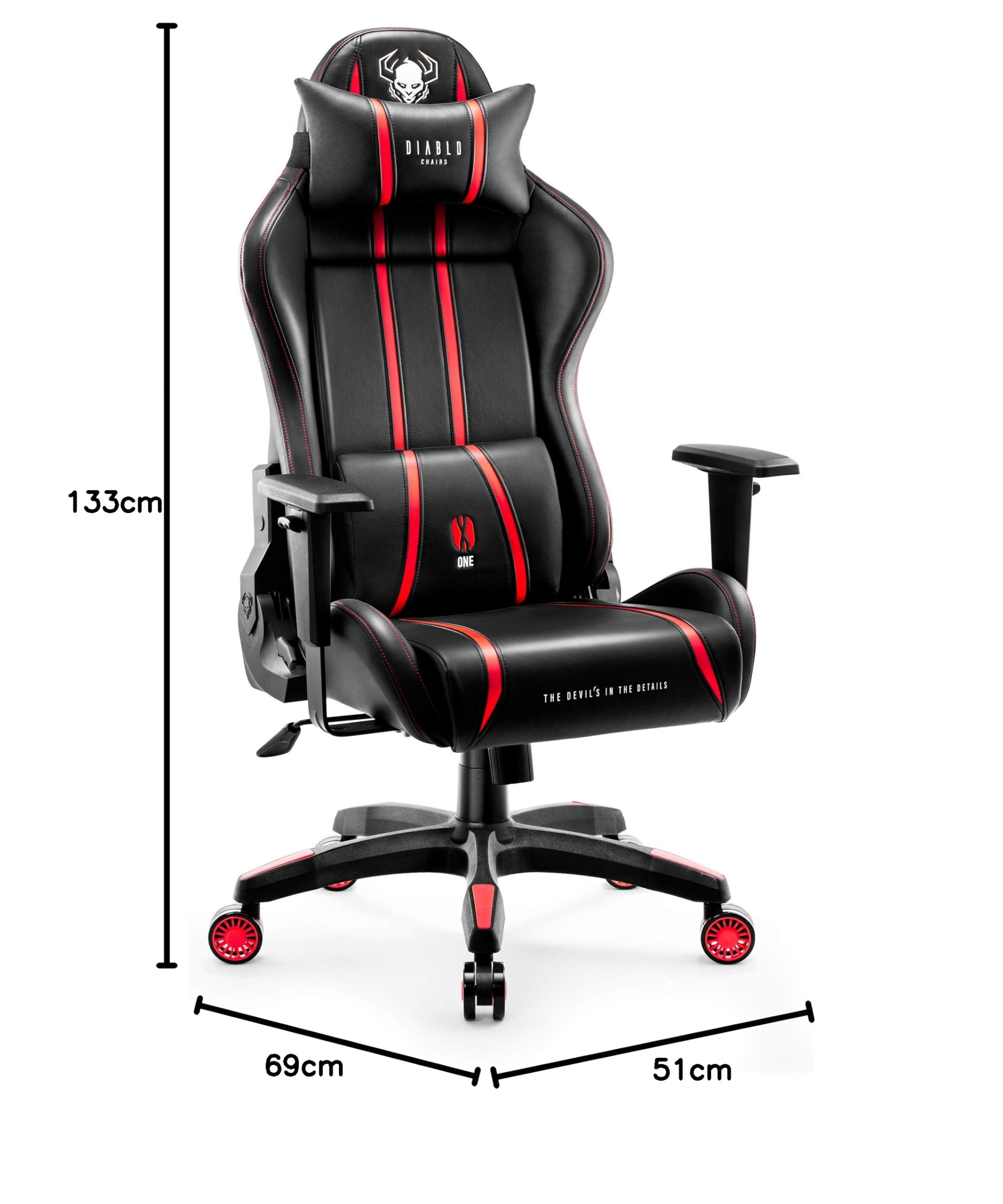 Diablo Sedia Gaming Ergonomica X-One 2.0 | Poltrona Gaming con Braccioli Regolabili, Supporto Lombare, Funzione di Inclinazione | Sedia Gamer 160 kg, Gaming Chair, Sedia da Ufficio | King (XL) | Rosso