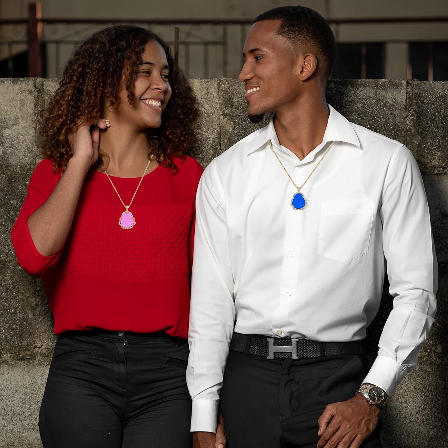 Buddha Necklace Jade Laughing Buddha Pendant with 14K Gold Plated Chain Cubic Zirconia Buddah Necklaces for Women Men