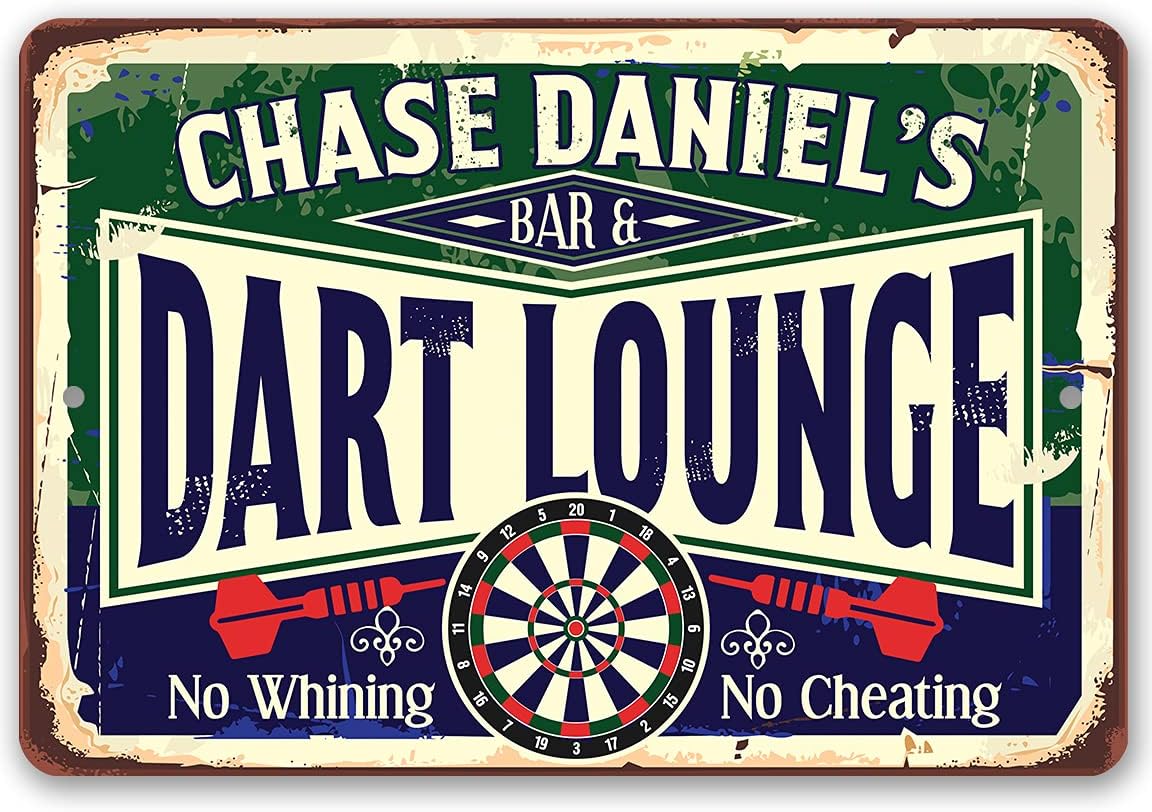 Personalized Dart Lounge and Bar - Classic Game Room Sign, Bar Sports Decoration, Man Cave and Game Store Wall Decor, 8x12 or 12x8 Use Indoor or Outdoor Rustic Style Metal Tin Sign