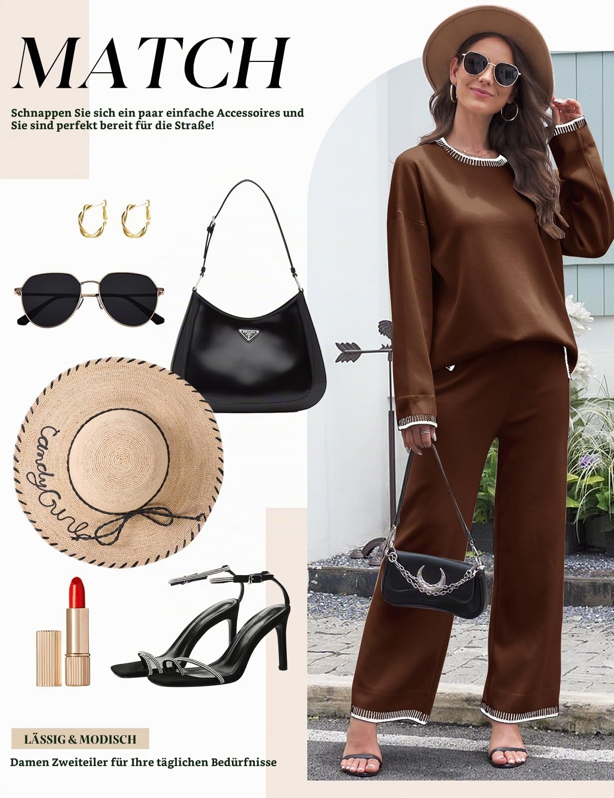TOMEEK Zweiteiler Damen Elegant Hausanzug Damen Kuschelig Langarm Lounge Sets Strickpullover Top Weites Bein Hose Freizeitanzug Rundhalsausschnitt Outfit
