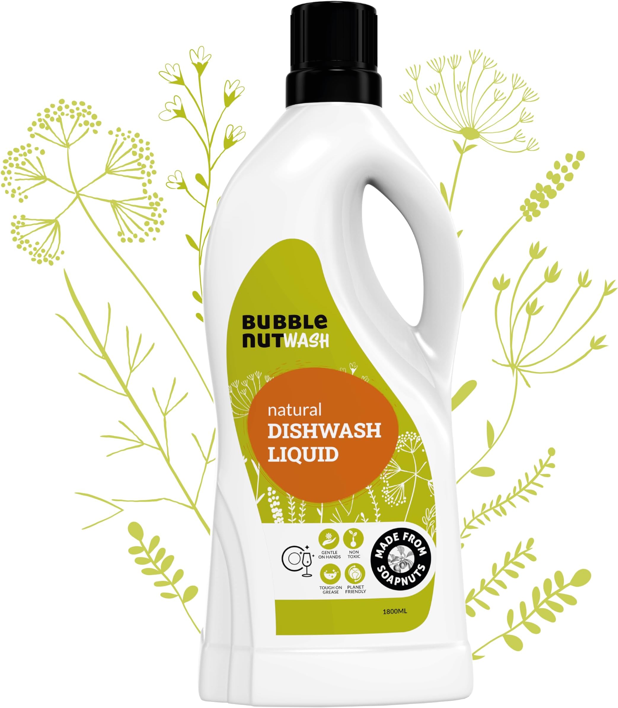 BubbleNut Wash Natural And Organic Dishwash Liquid (1.8 Lits), Soap nuts-based, Baby safe, Eco friendly Herbal Dish washing Liquid, Hypoallergenic, Sensitive Skin (1.8 Lits)