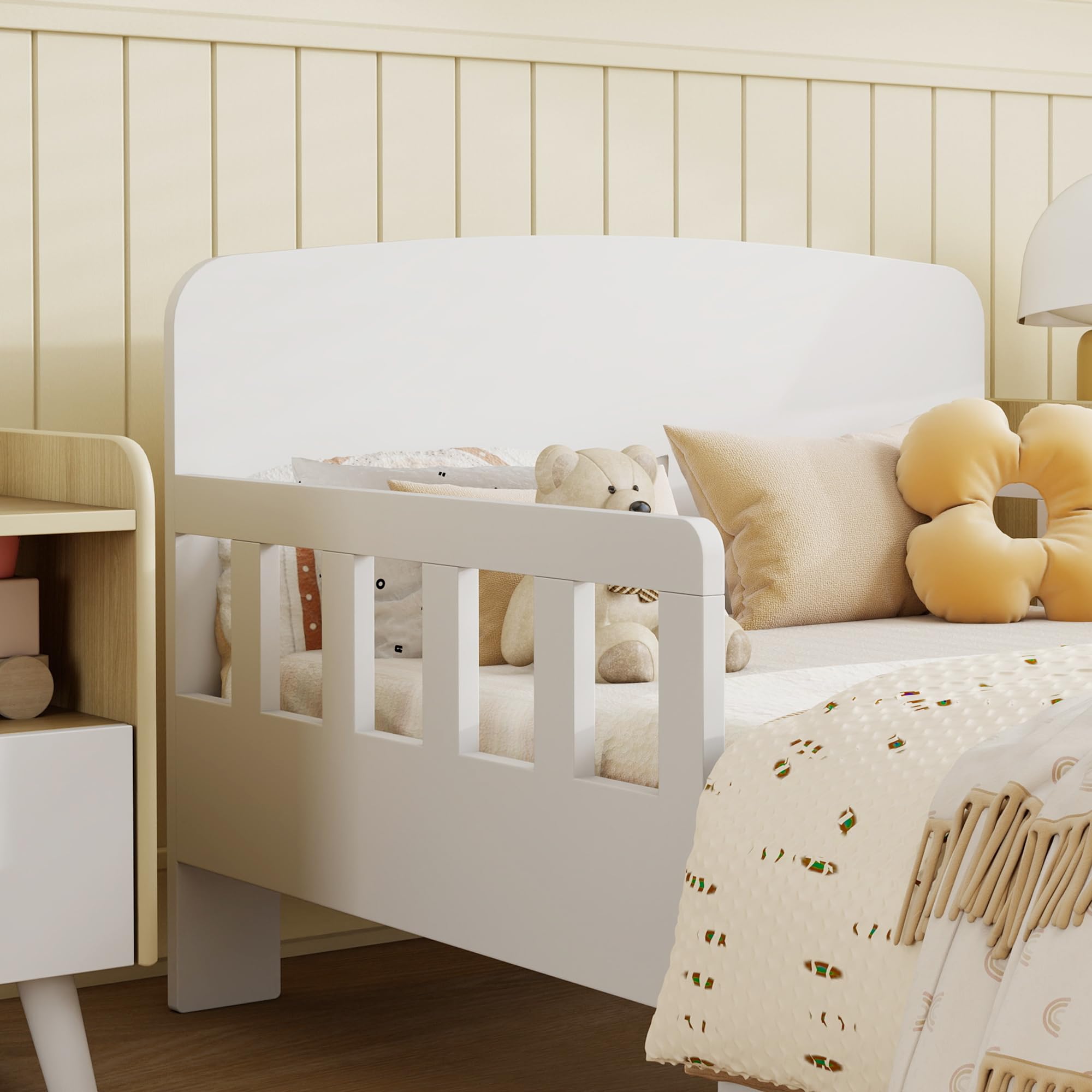 AIYAPLAY Lit Enfant, Lit au Sol Enfant, pour Matelas 140 x 70 cm, Blanc | Barrières de Sécurité Haute, Sommier à Lattes, Cadre Robuste, pour Fille et Garçon de 3 à 8 Ans