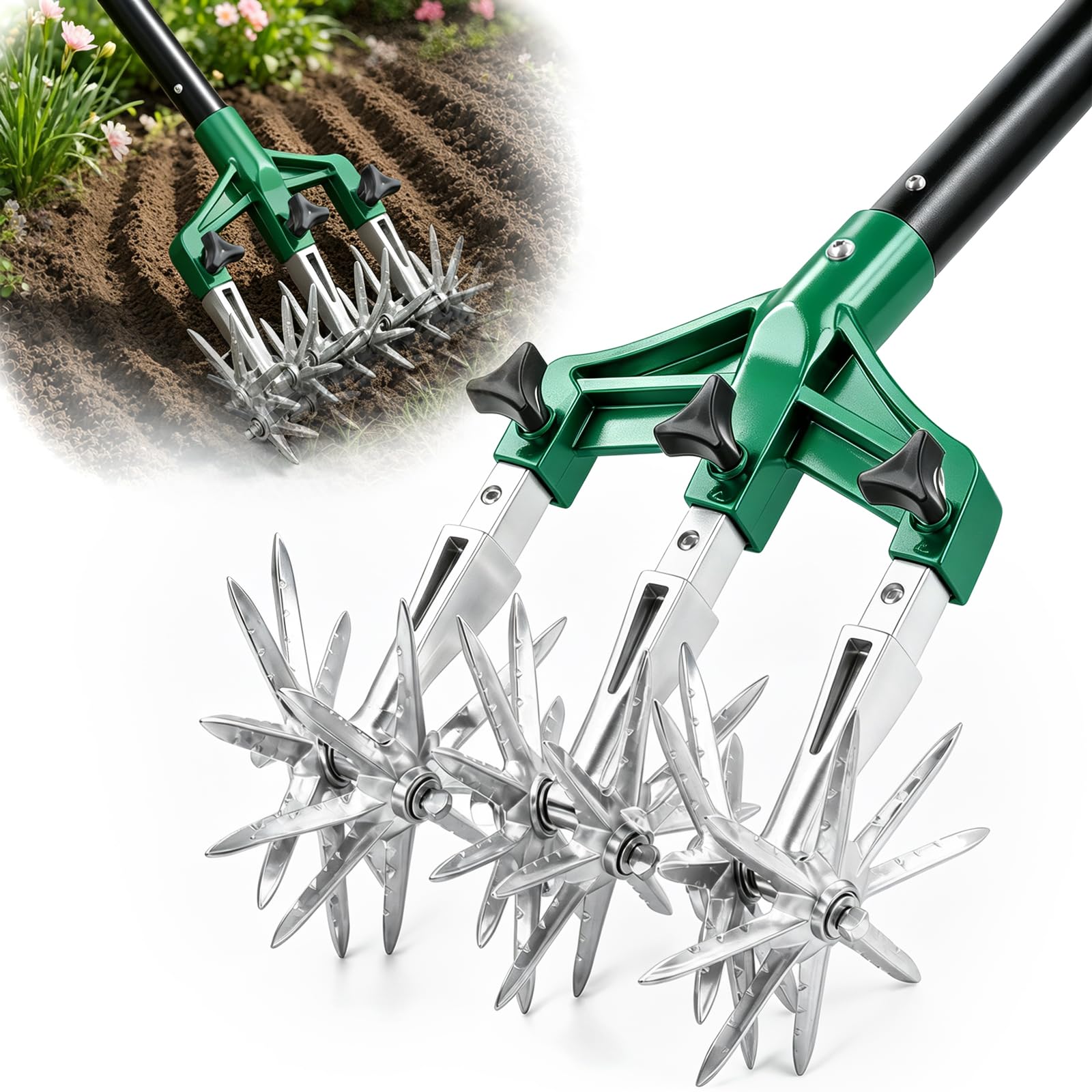 Altdorff Drehbarer Grubber Gartenwerkzeug für Garten und Rasen (154 cm), rotierende Handfräse mit abnehmbaren, dickeren Zinken und stabilem Stahlgriff, manuelle Bodenfräse für Erde oder Nachsaat von