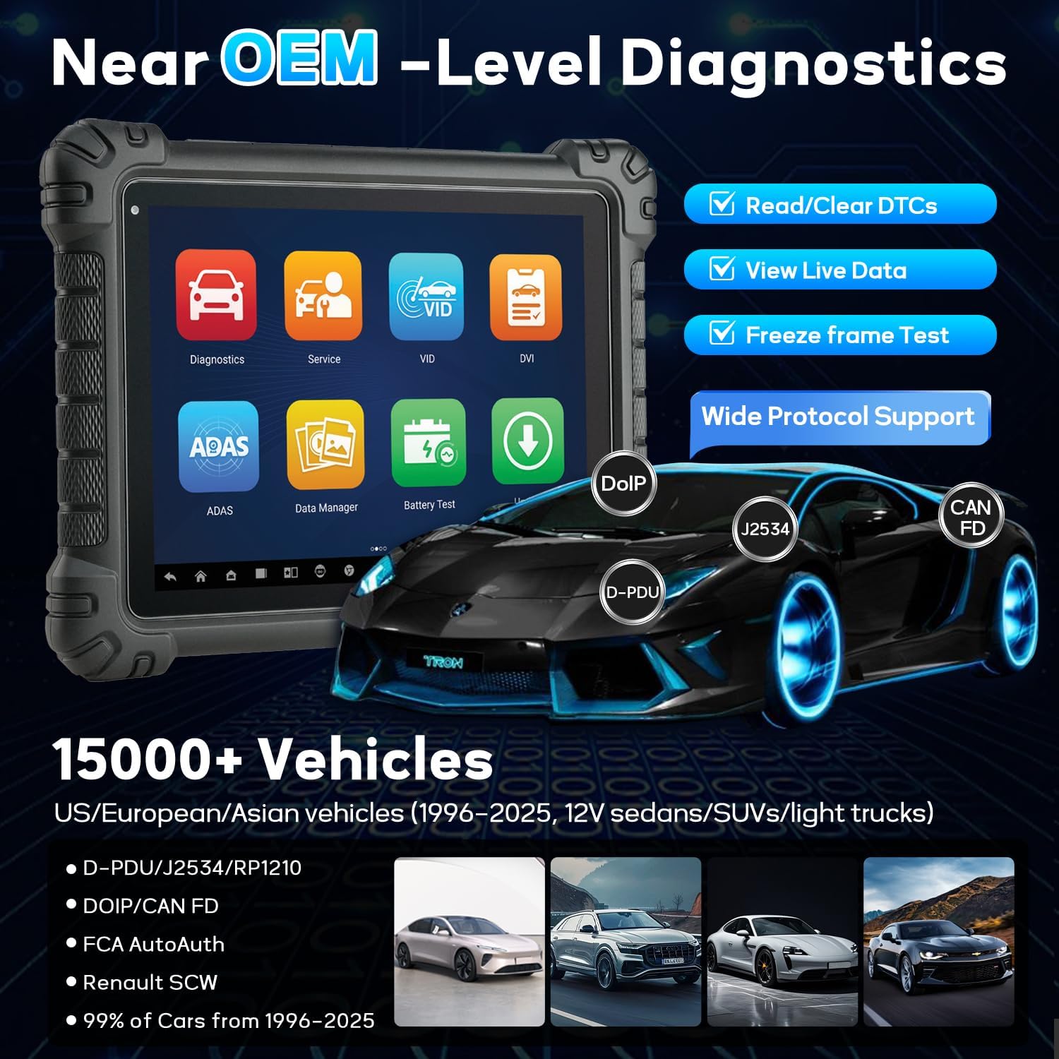 Autel MaxiSys MS909S2 displaying diagnostic functions like Read/Clear DTCs, Live Data, and Freeze Frame Test, with a car graphic illustrating wide protocol support.