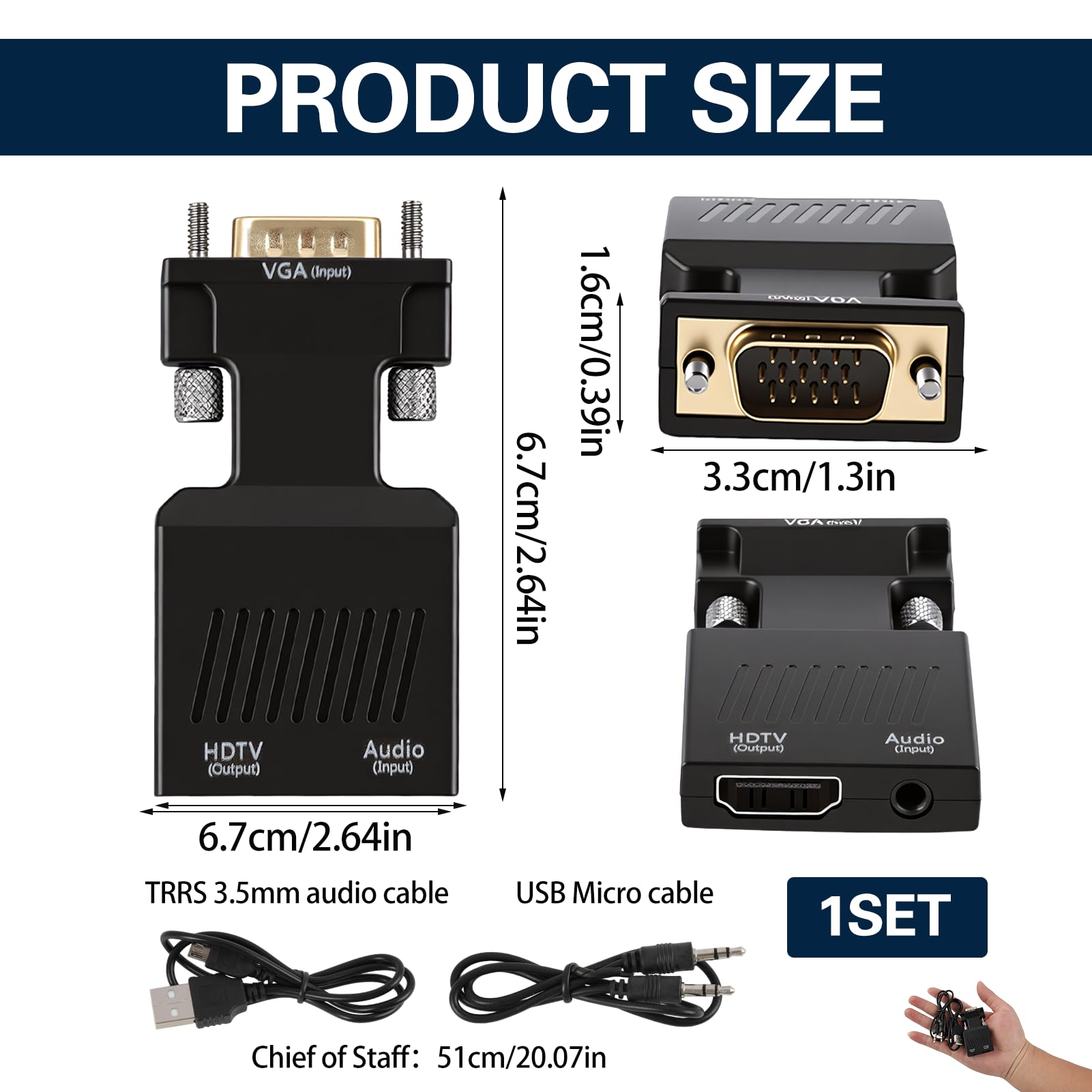 Adaptateur VGA vers HDMI avec Audio, 1080P Convertisseur VGA Mâle vers HDMI Femelle avec Jack 3.5 mm et Câble d'Alimentation USB, Unidirectionnel pour PC, Ordinateur Portable, TV, Moniteur, Projecteur
