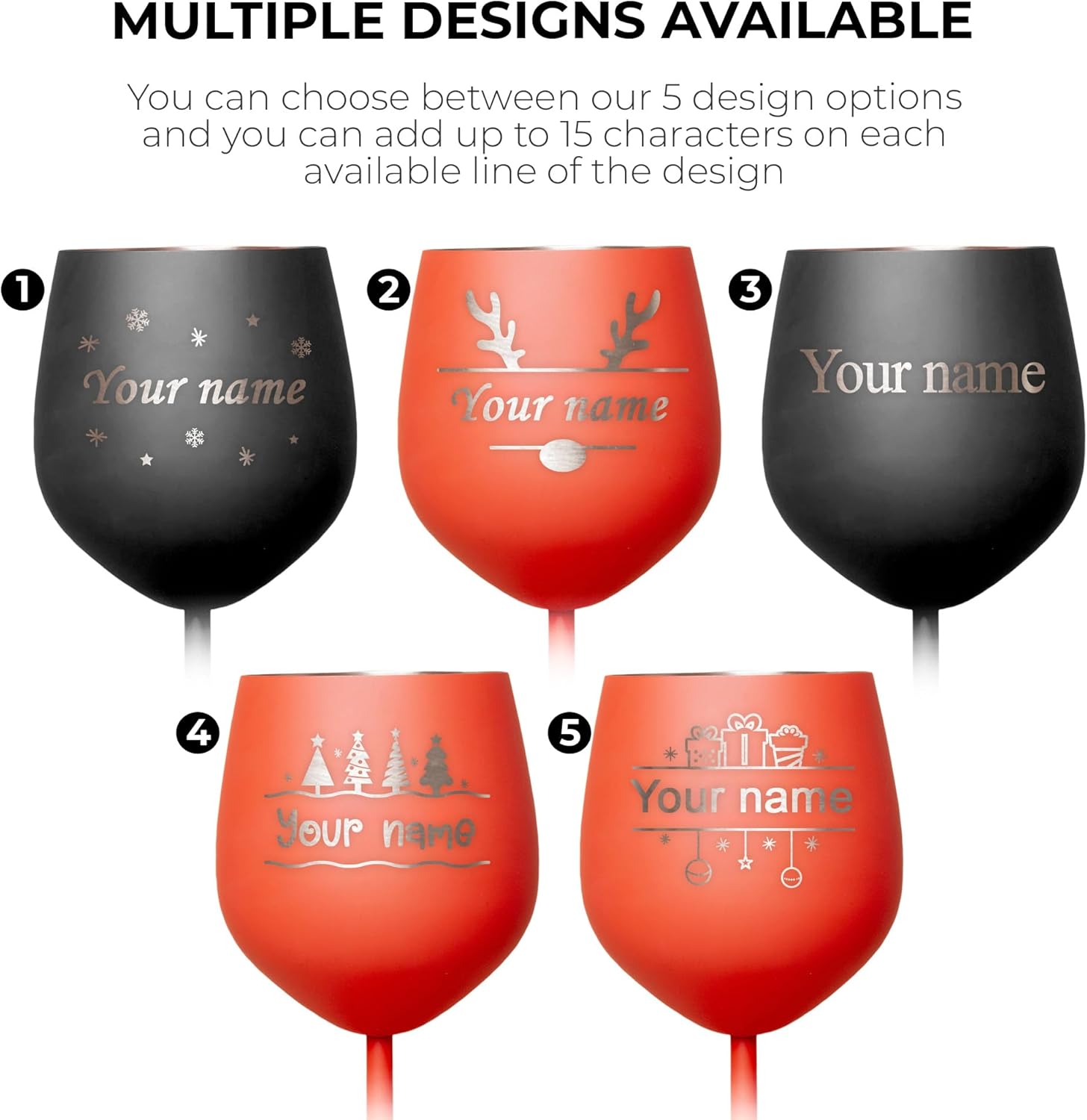 Custom christmas stainless steel wine glasses, personalized 18 oz unbreakable metal powder coated brushed wine goblet, engraved corporate holiday employee gift cup for red wine white wine