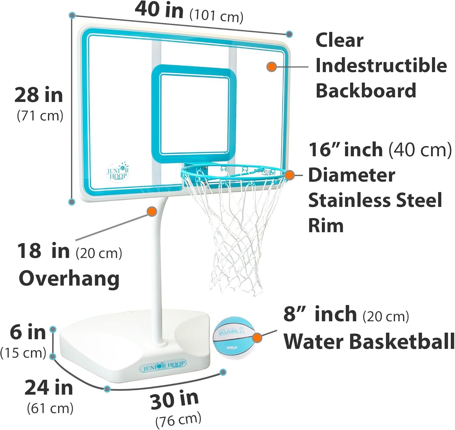 Dunn-Rite Junior Hoop Swimming Pool Basketball Hoop w/Ball, 110LB Water-Filled Base, & 15 Inch Stainless Steel Rim, Choose Clear or White Backboard
