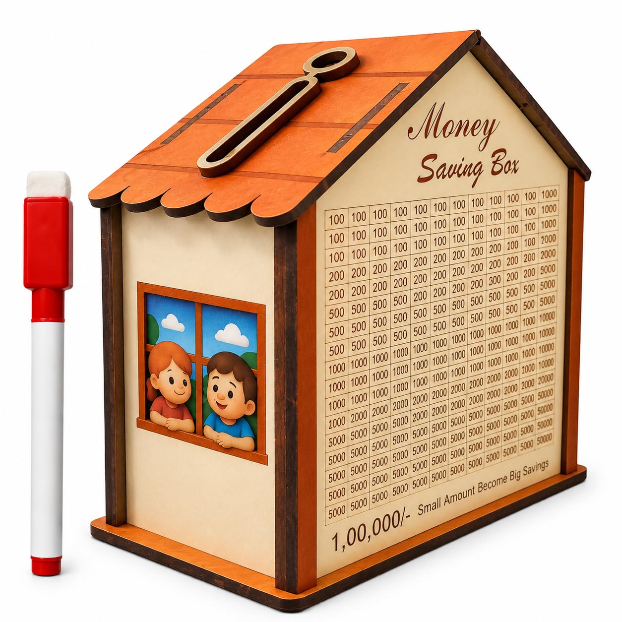 Wooden Money Saving Box for Kids & Adults | Piggy Bank with ₹1 Lakh Saving Challenge | Big Size Cash Saving Box with Numbers | Coin & Cash Bank for Boys, Girls & Adults