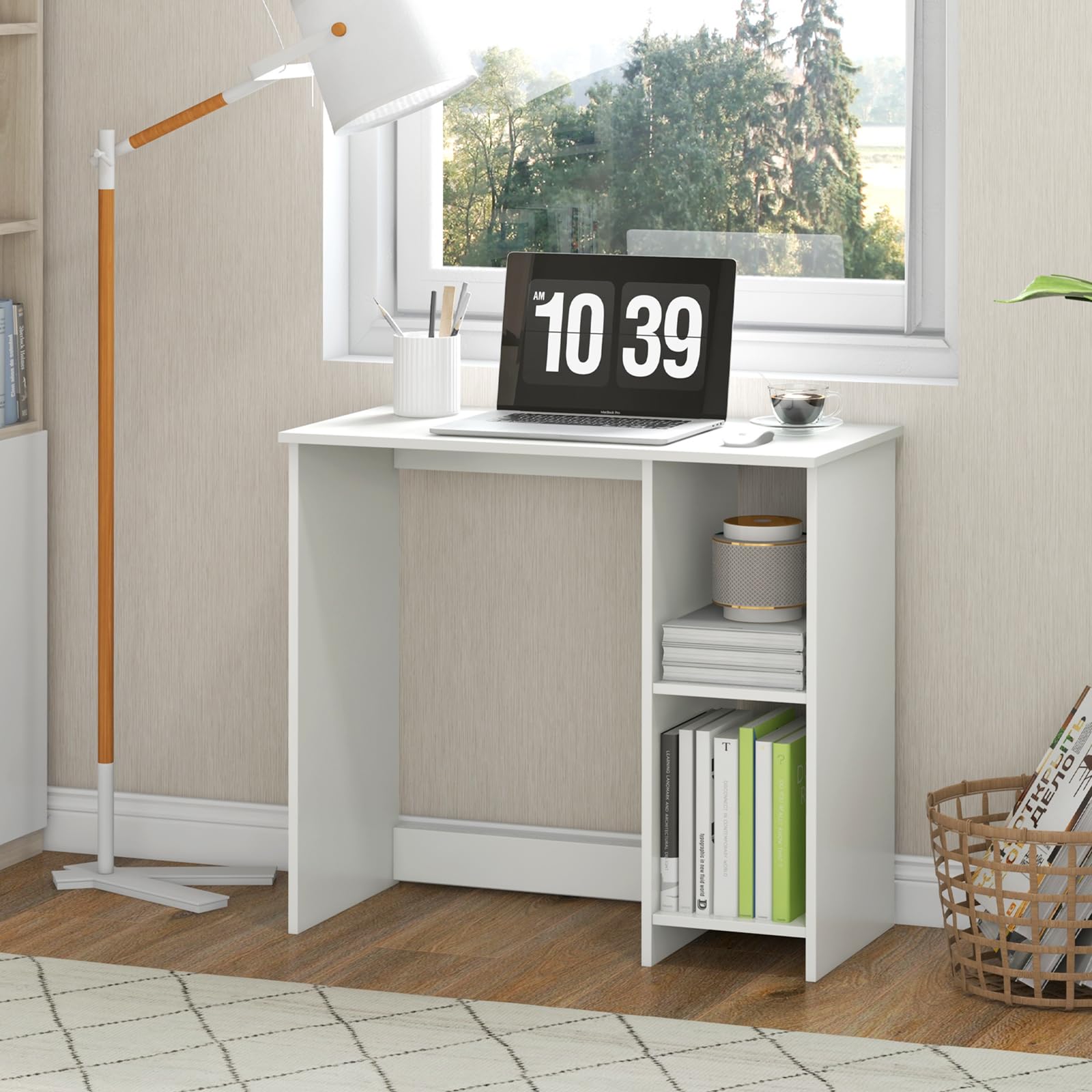 GIANTEX Scrivania da Ufficio, Scrivania con Libreria da Ufficio, Scrittoio con 2 Ripiani, Tavolo in Stile Moderno, per Ufficio, Soggiorno, Camera da Letto, Studio (Bianco)
