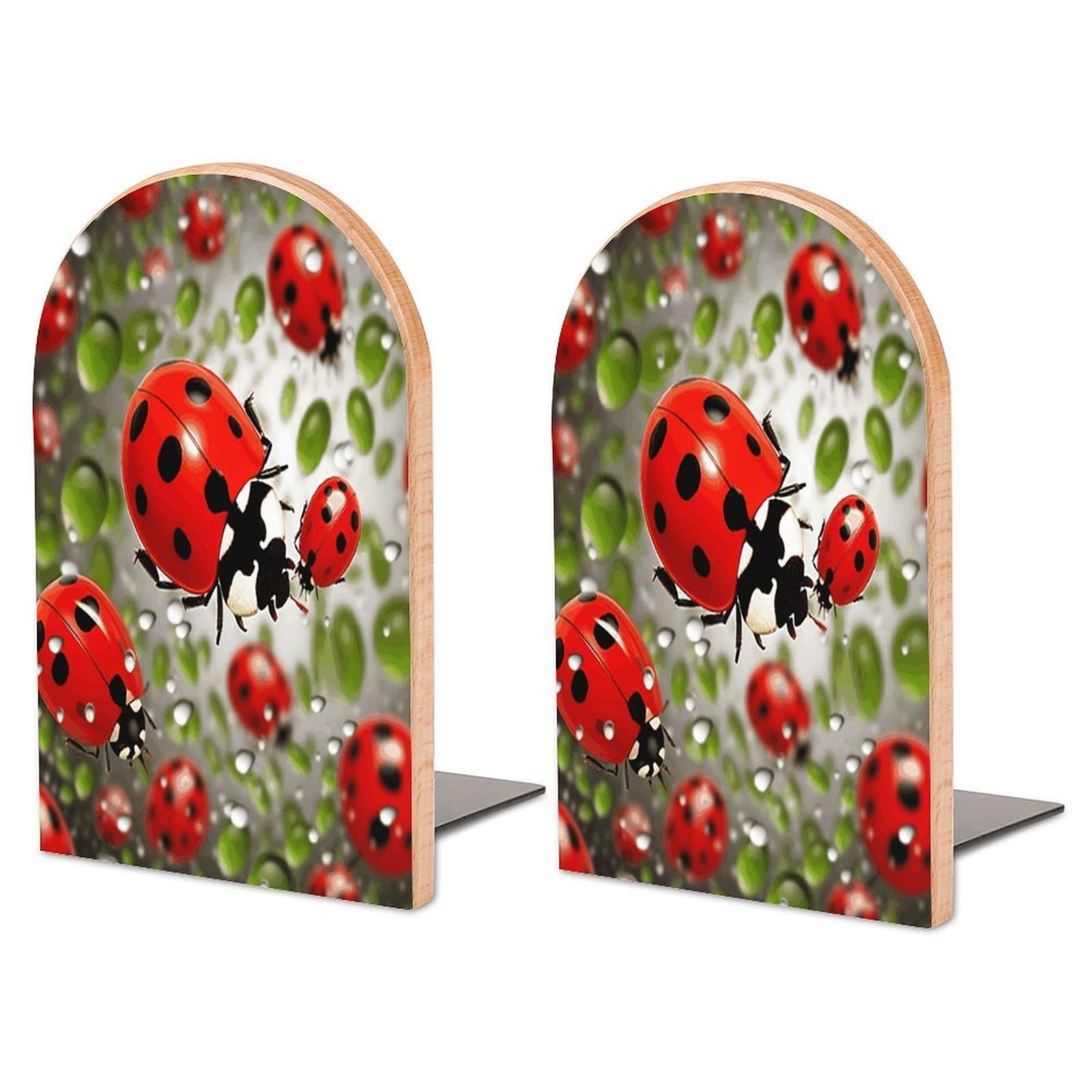 Personalized Ladybug Book Ends for Shelves, Large Heavy Duty Wooden Bookends with Non-Skid Metal Base Book Holder Decorative Book Stopper for Home Office Supplies 1 Pair
