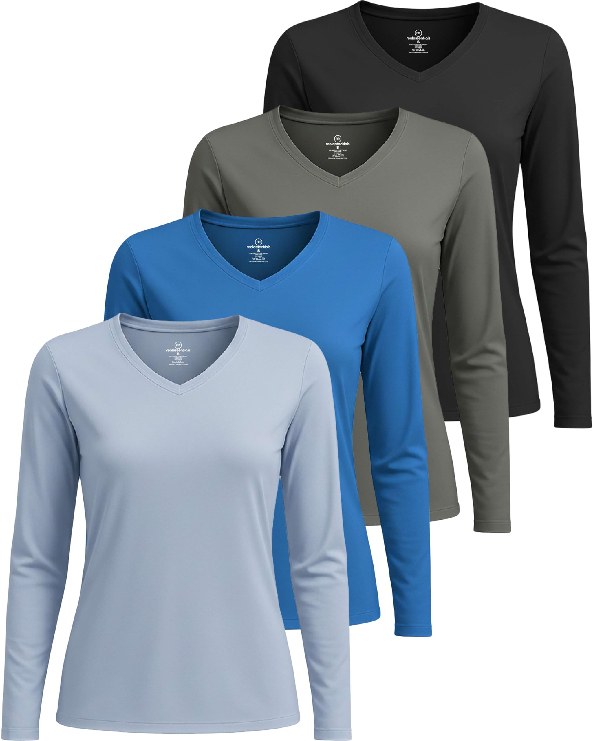Real Essentials 4 Pack: Women's Long Sleeve Dry Fit V-Neck T-Shirt - Active Athletic Workout Gym Top (Plus Available)