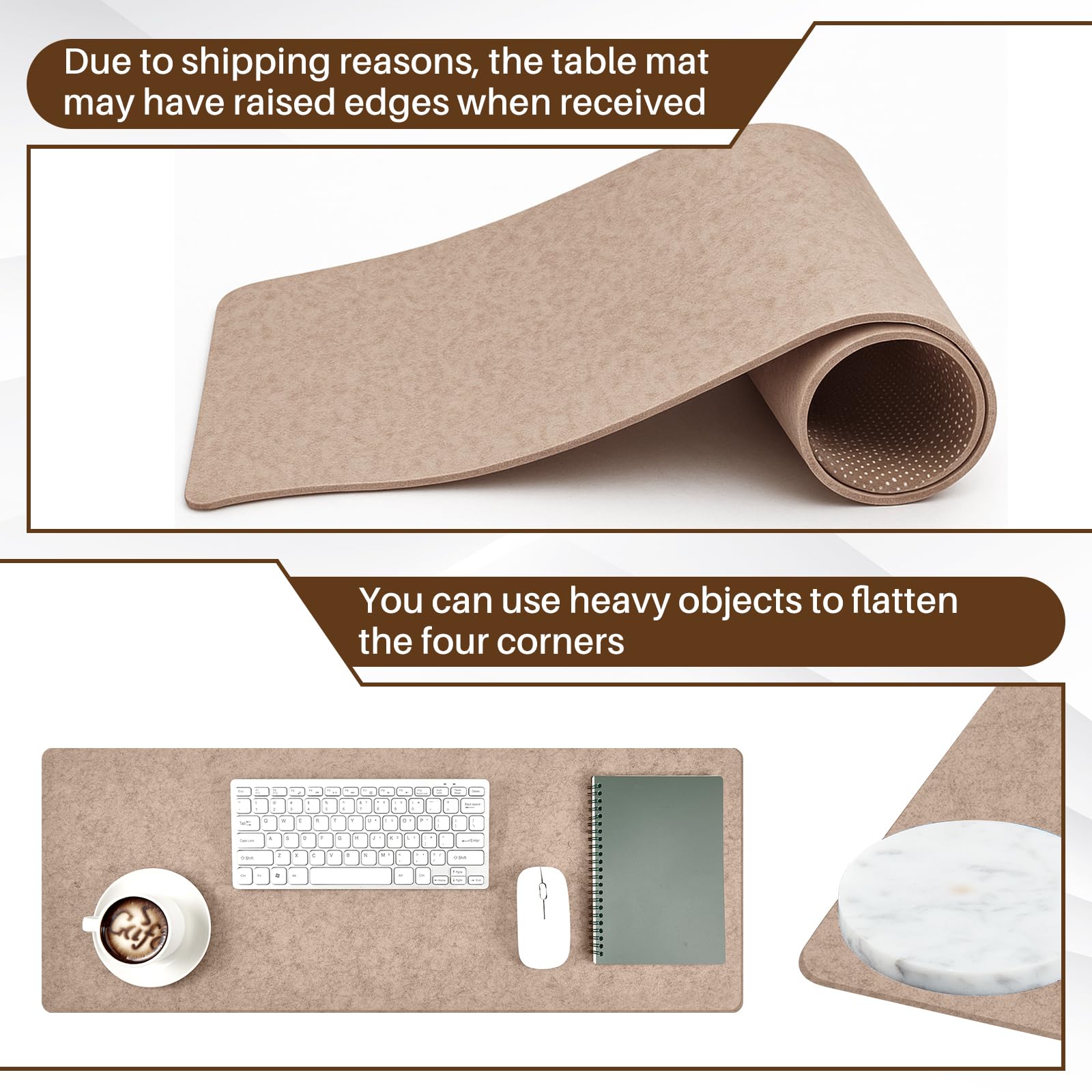 2 Tappetini da Scrivania in Feltro 80 x 30 cm Proteggi Sottomano Antiscivolo Grande Tappeto Protettivo Minimalista Desk Pad per Computer Tastiera Mouse Laptop Ufficio Studio(Cachi)