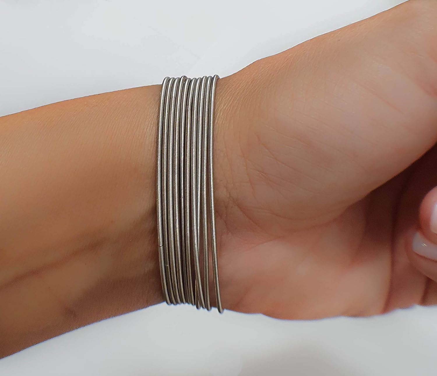 Set of 10 Guitar String Spring Bracelets Silver Stainless Steel Stackable Layered Thin