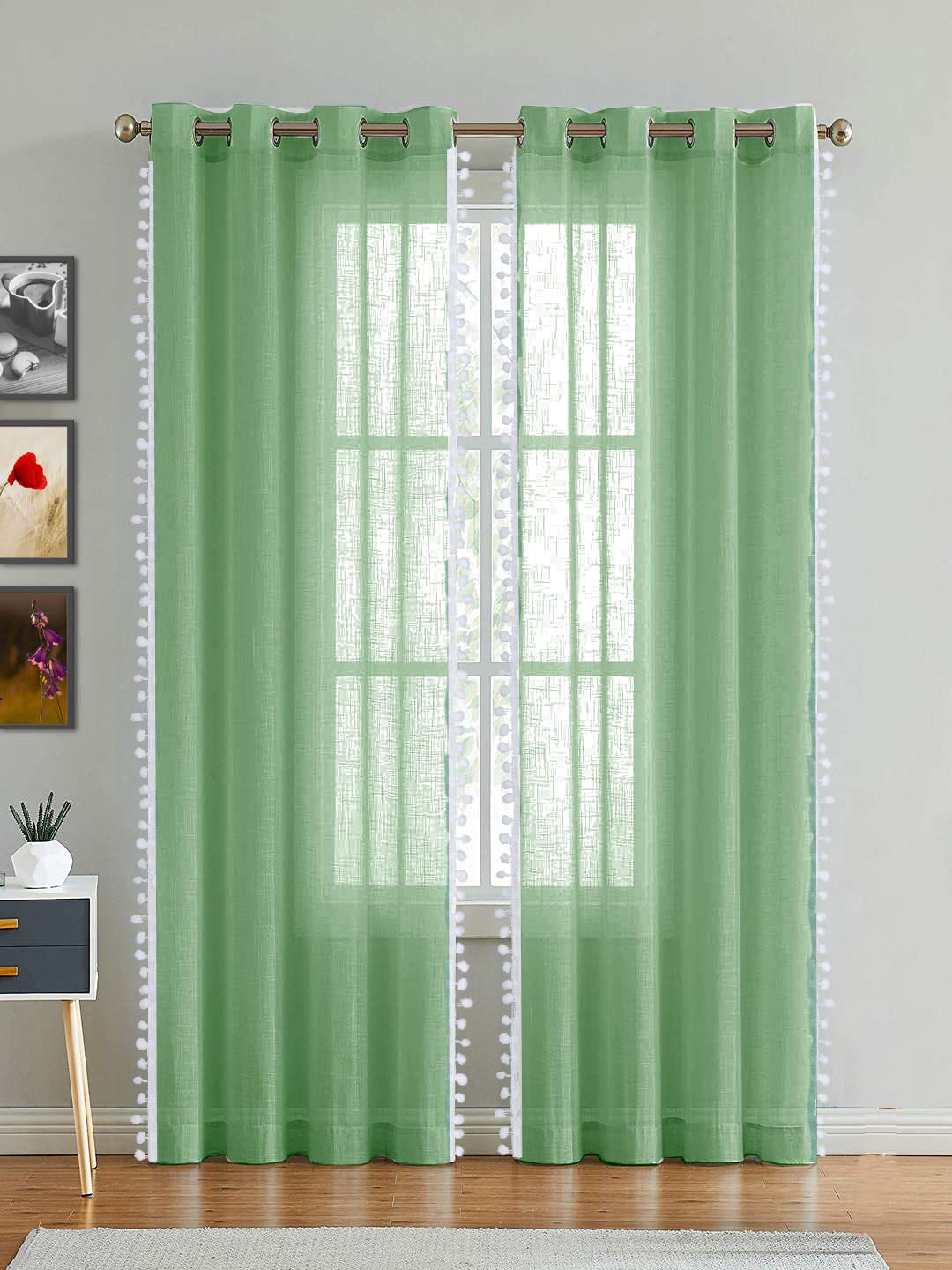 HOMEMONDE Solid Cotton Linen Curtain with Beautiful Pompoms Long Door 8 Feet Curtains Set for Living Room, Bedroom, Office, Mint Green - Sheer, Grommet