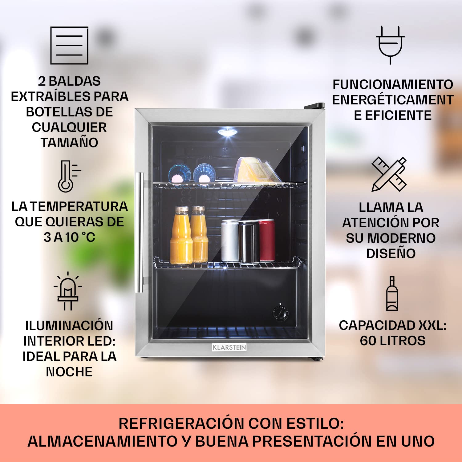 KLARSTEIN Nevera Pequeña Puerta Cristal Habitaciones, Nevera Portatil Electrica, Mini Nevera Pequeña para Bebidas, Frigorificos Pequeños 60L, Mini Frigorifico con Estantes, Neveras Pequeñas