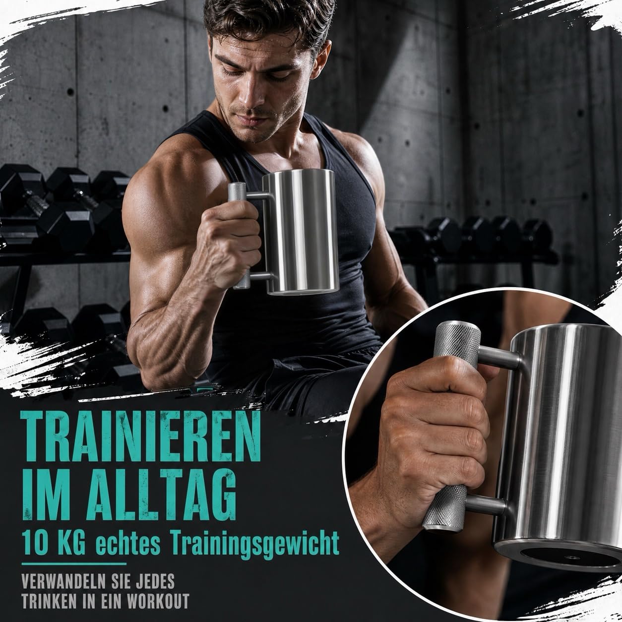 Edelstahl Tasse Schwerer Becher 10 kg, Kurzhantel Kaffeetasse aus Edelstahl 304, Hantel Wasserbecher 400ml, Fitness Sport Wasserbecher für Gym Workout, Lustiger Kaffeebecher Geschenk, Silber
