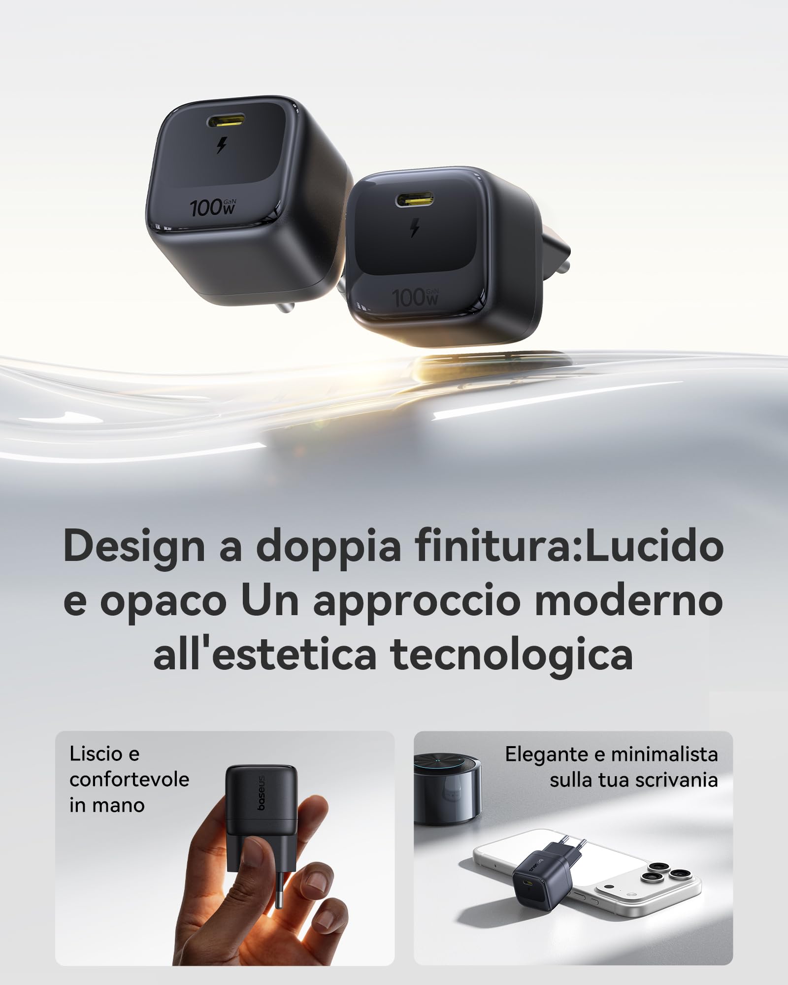 Baseus Enerfill Caricatore USB C 100W, caricatore rapido PD compatto, alimentatore GaN per MacBook Pro/Air, iPad Pro, iPhone 17/16/15, Samsung Galaxy S25/S24, laptop (cavo USB-C da 1m incluso)