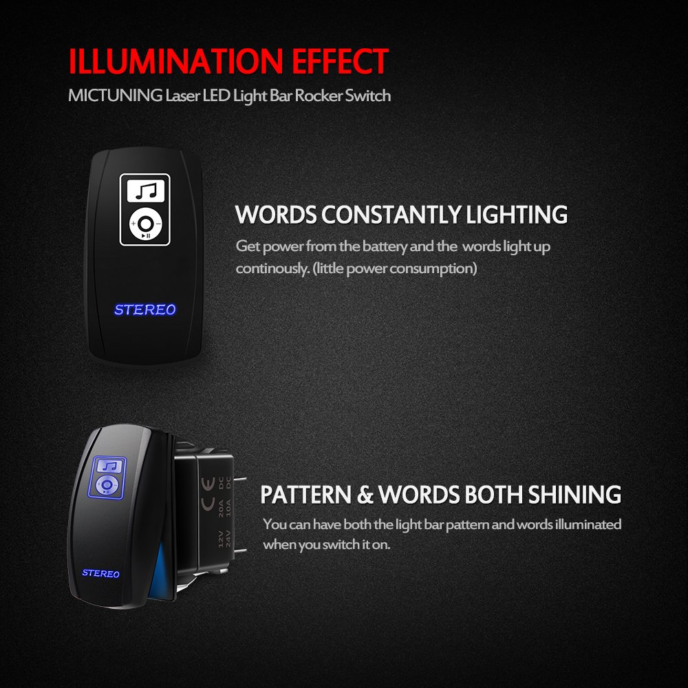 MICTUNING LS083601JL Laser Stereo Rocker Switch Kit, On/Off LED Light, 20A 12V, Blue