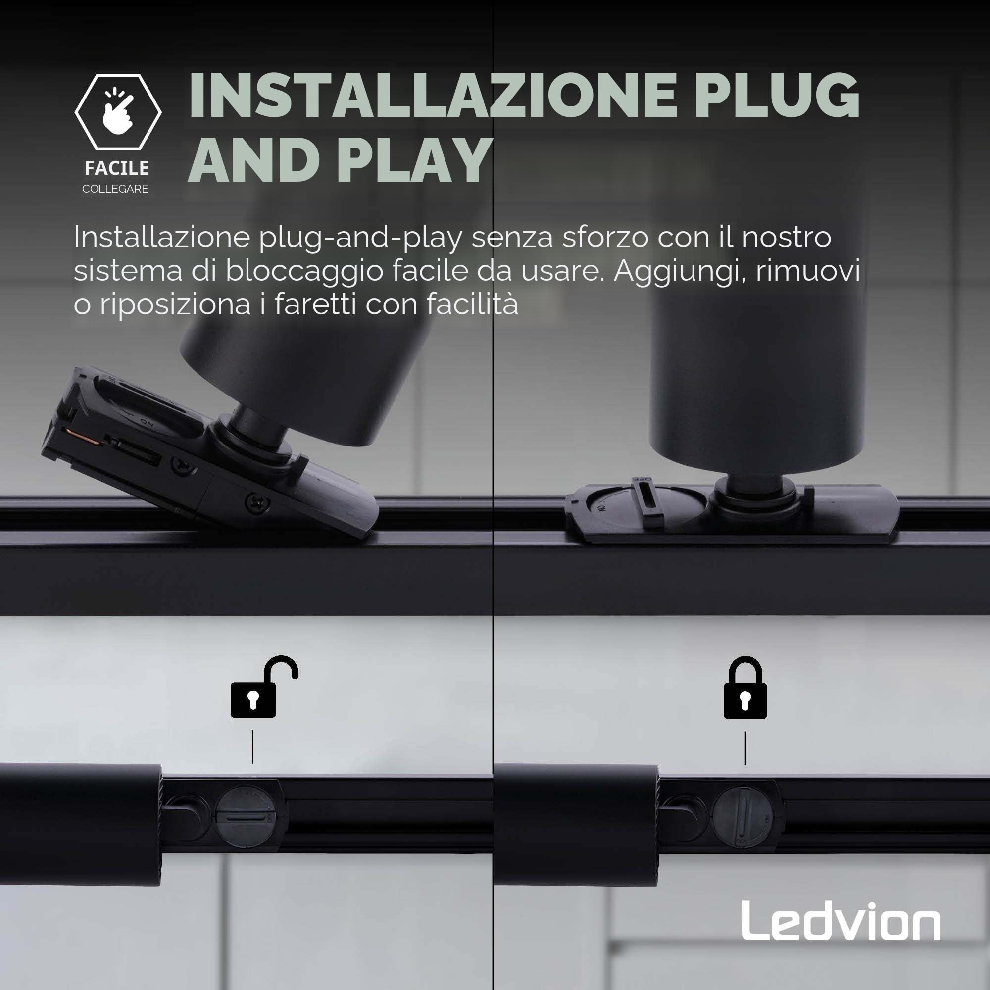 Ledvion Sistema di Binario 1m Monofase Nero 3 faretti senza lampadina GU10