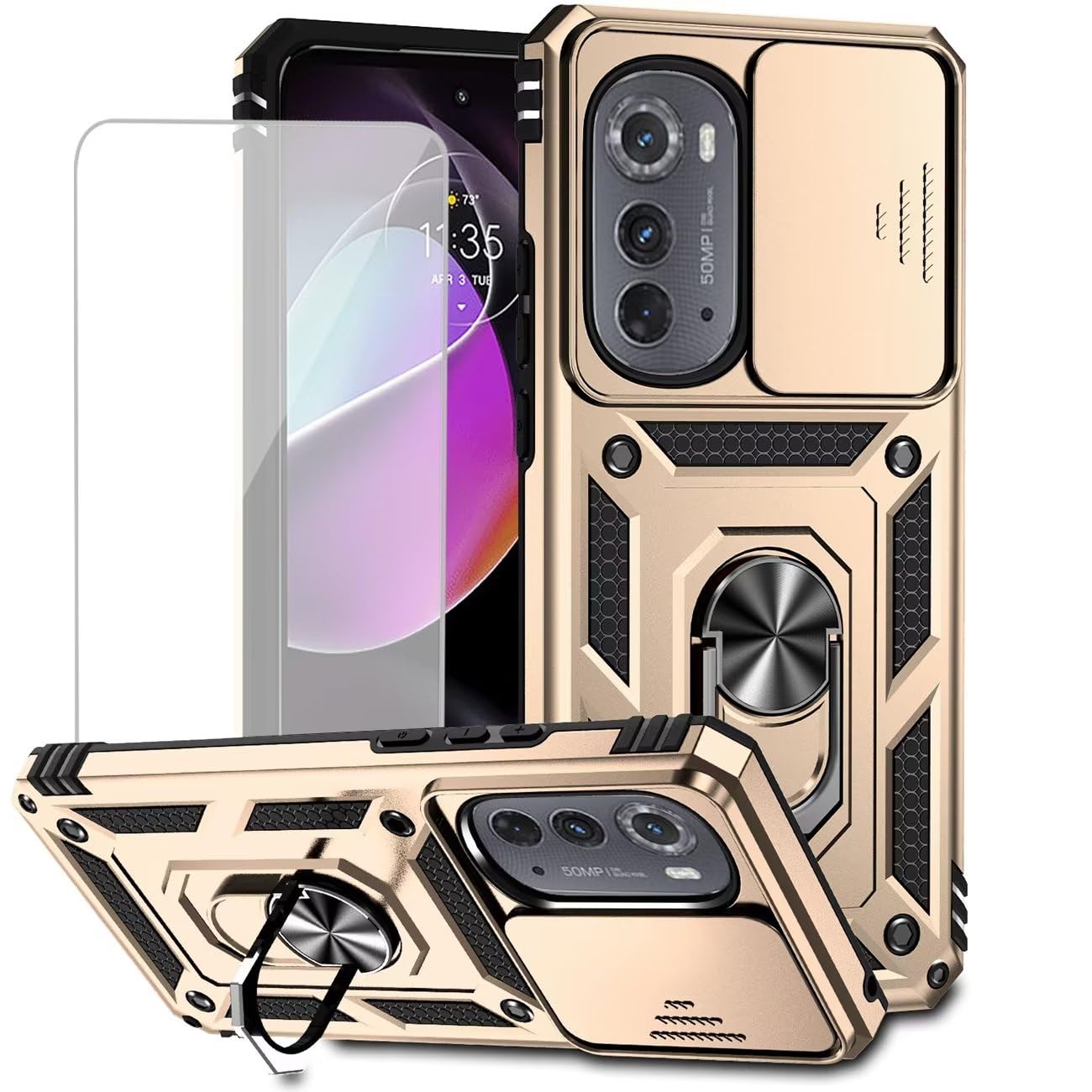 Yodueiv for Moto Edge 2022/Motorola Edge 2022 5G UW XT2205-1 Case with Tempered Glass Screen Protector and Slide Camera Cover, Magnetic Ring Car Mount
