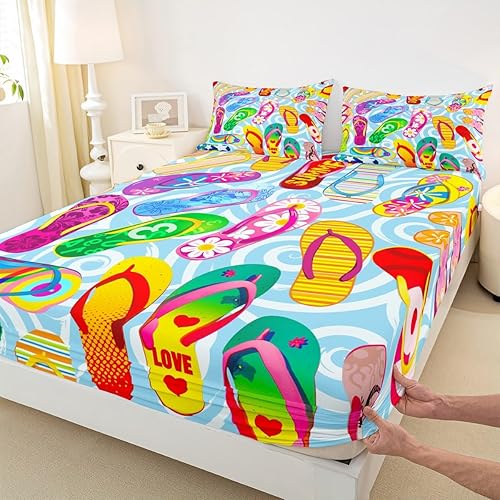 Coloridas chanclas bajeras tamaño matrimonial, juego de ropa de cama de vacaciones de playa oceánica de 3 piezas para decoración de habitación de