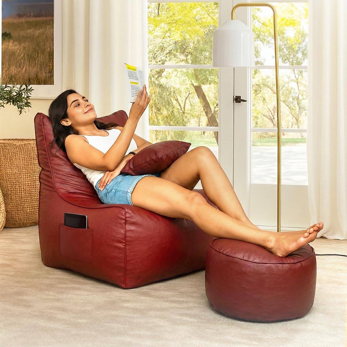 Sattva Premium Faux Leather Chair Bean Bag Combo with Footrest & Cushion, Filled with Beans | Ergonomic Seating with Side Pocket | Capacity: Up to 6’3” Height, 120 KG – Tan-picture-28