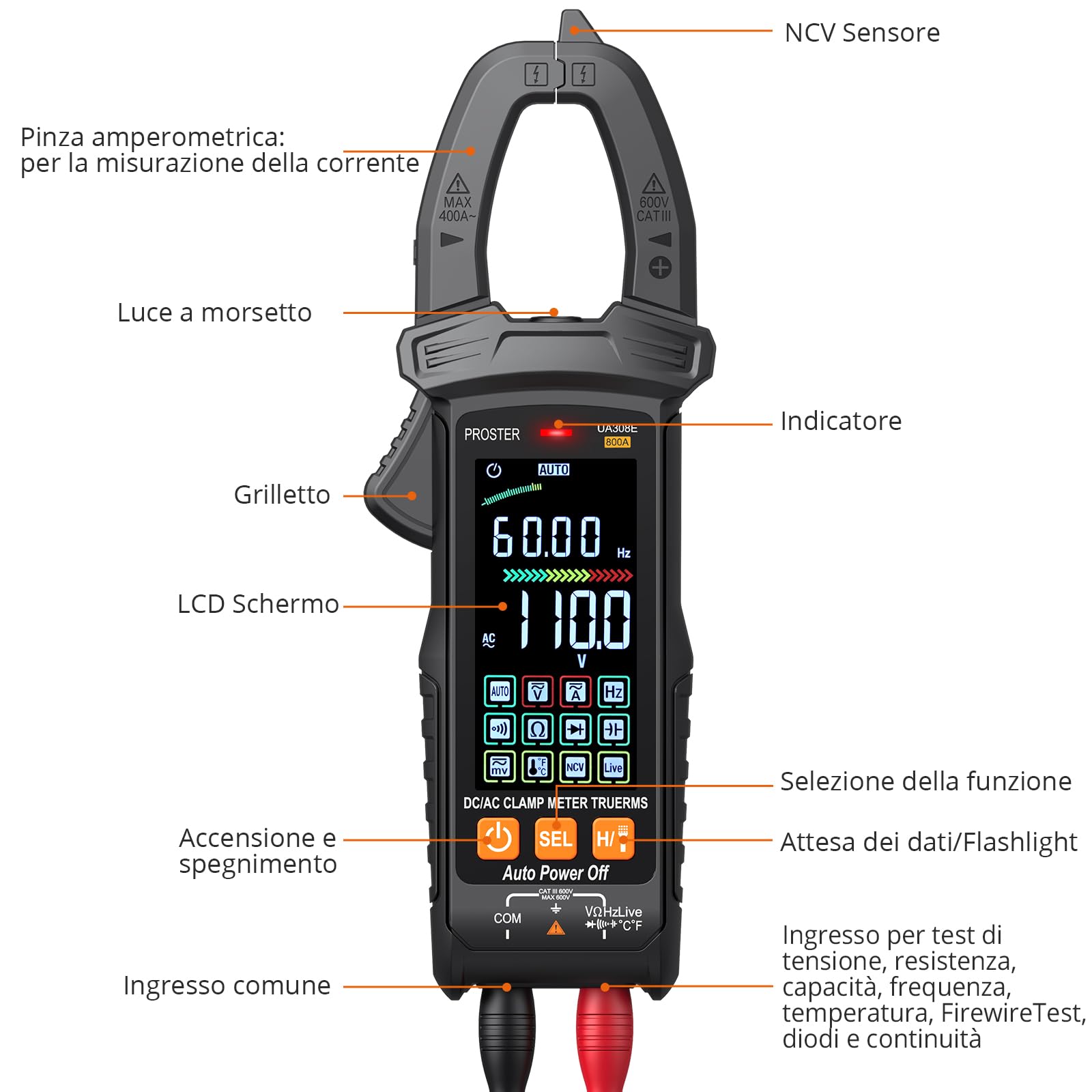 Proster Pinza Amperometrica Intelligente a Nero Auto-Ranging 800 AC/DC Tensione e Corrente 6000 Conti Test di Resistenza Diodo Capacitanza Temperatura 10MHz LIVE NCV con Display Analogico a Barre
