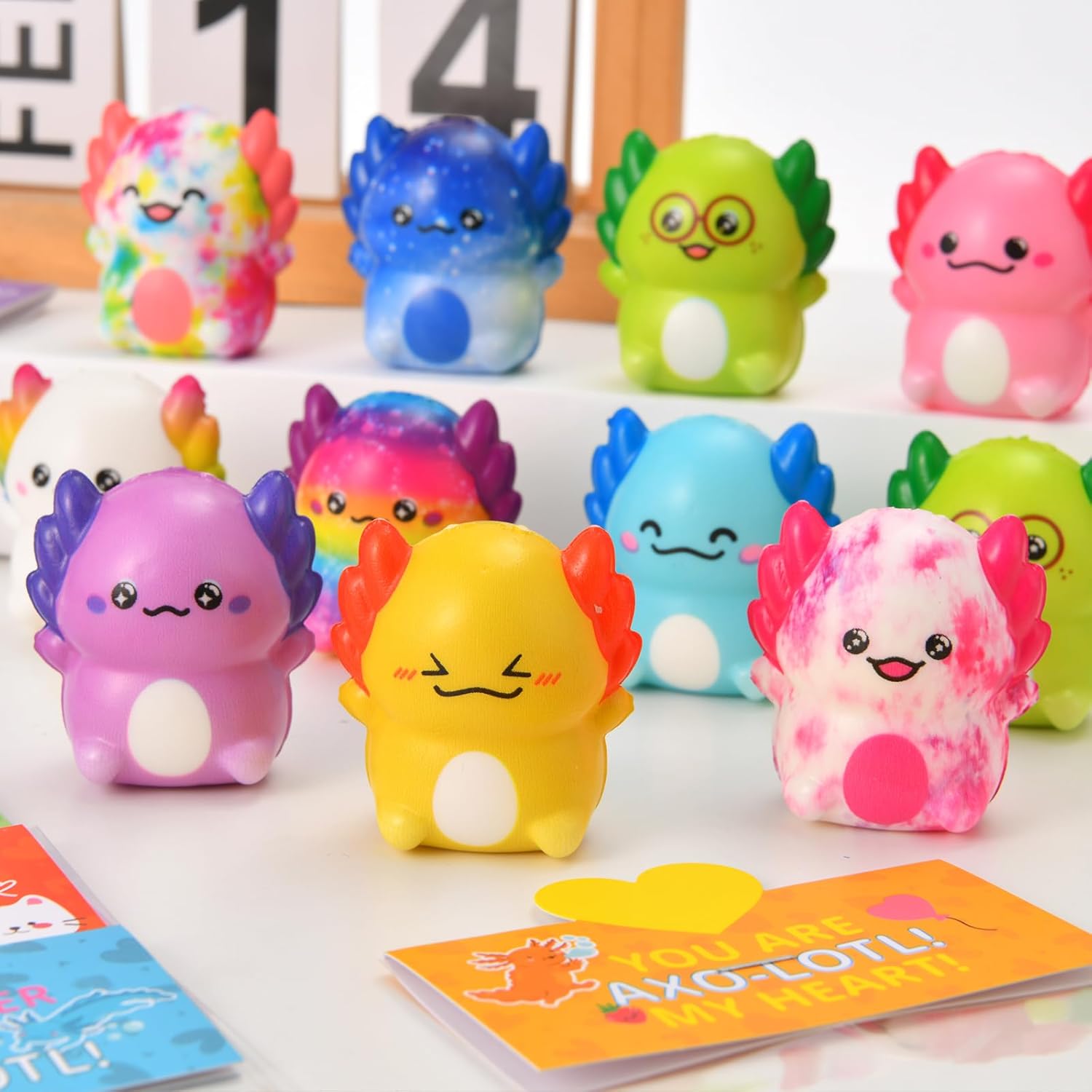 Valentines Day Gifts for Kids, 24 Pack Axolotl Slow Rising Squishy Fidget Toys Stress Relief for Kids Boys Girls School Classroom Exchange Valentine’s Day Party Favors Gifts Valentine's Day-24PCS