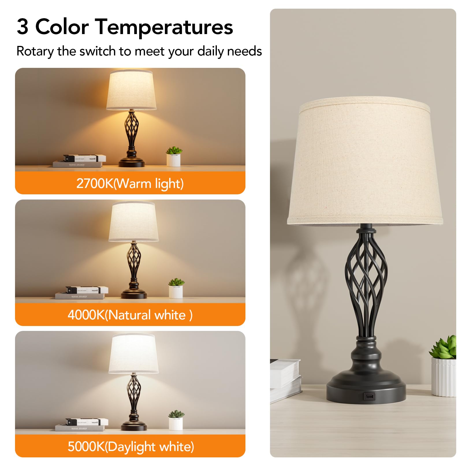 PARTPHONER Touch Table Lamps for Bedroom Set of 2, Bedside Nightstand Lamps with USB Port and Power Outlet, 3 Way Dimmable White Lamp for Living Room Nursery Room, Daylight White Bulbs Included: Beige