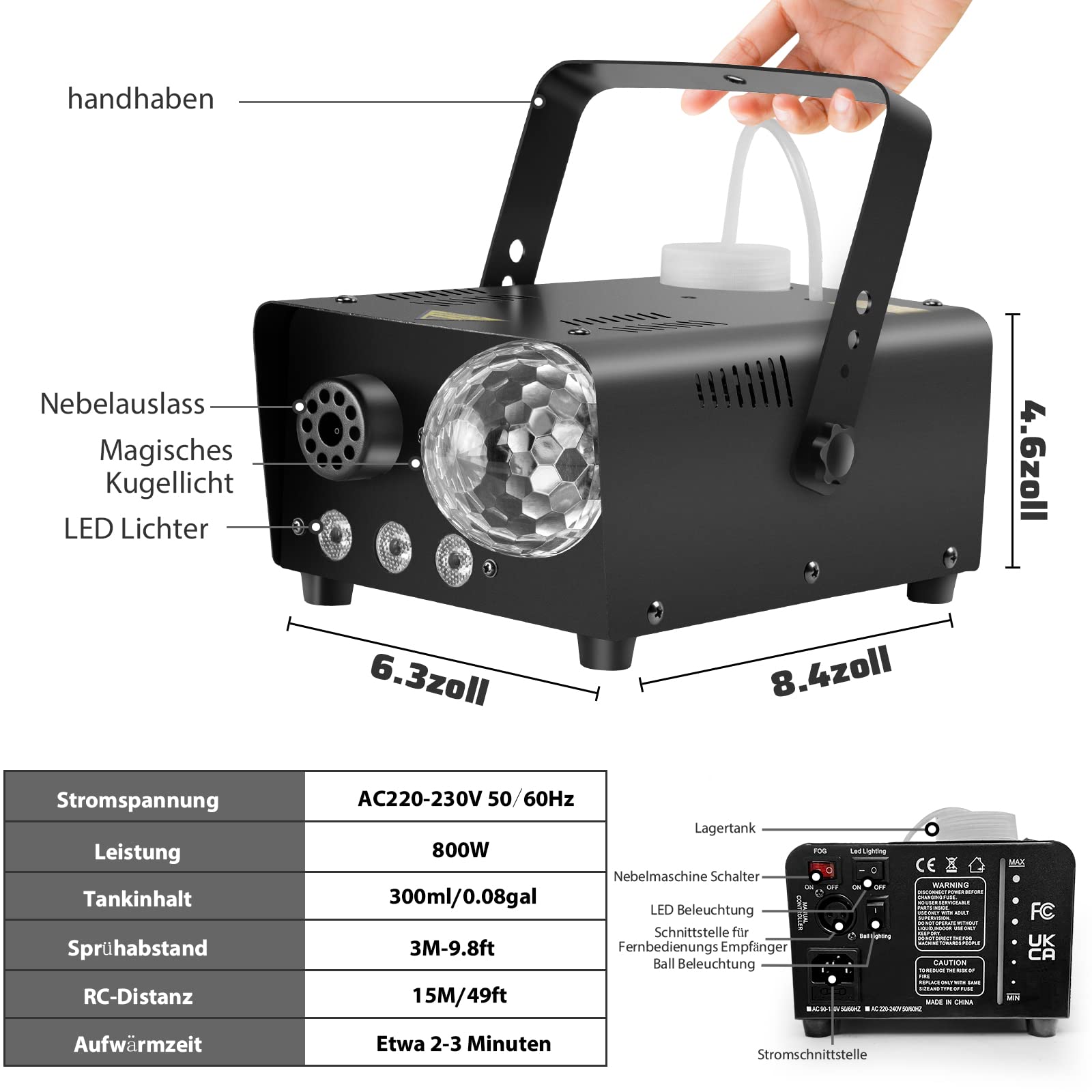 800W Nebelmaschine mit Discokugel, 3 LED RGB Effekt Licht Smoke Machine,Mini Fog Rauchmaschine mit kabelgebundenen und Funkfernbedienungen für DJ Disco Party,Halloween,Hochzeiten Weihnachten