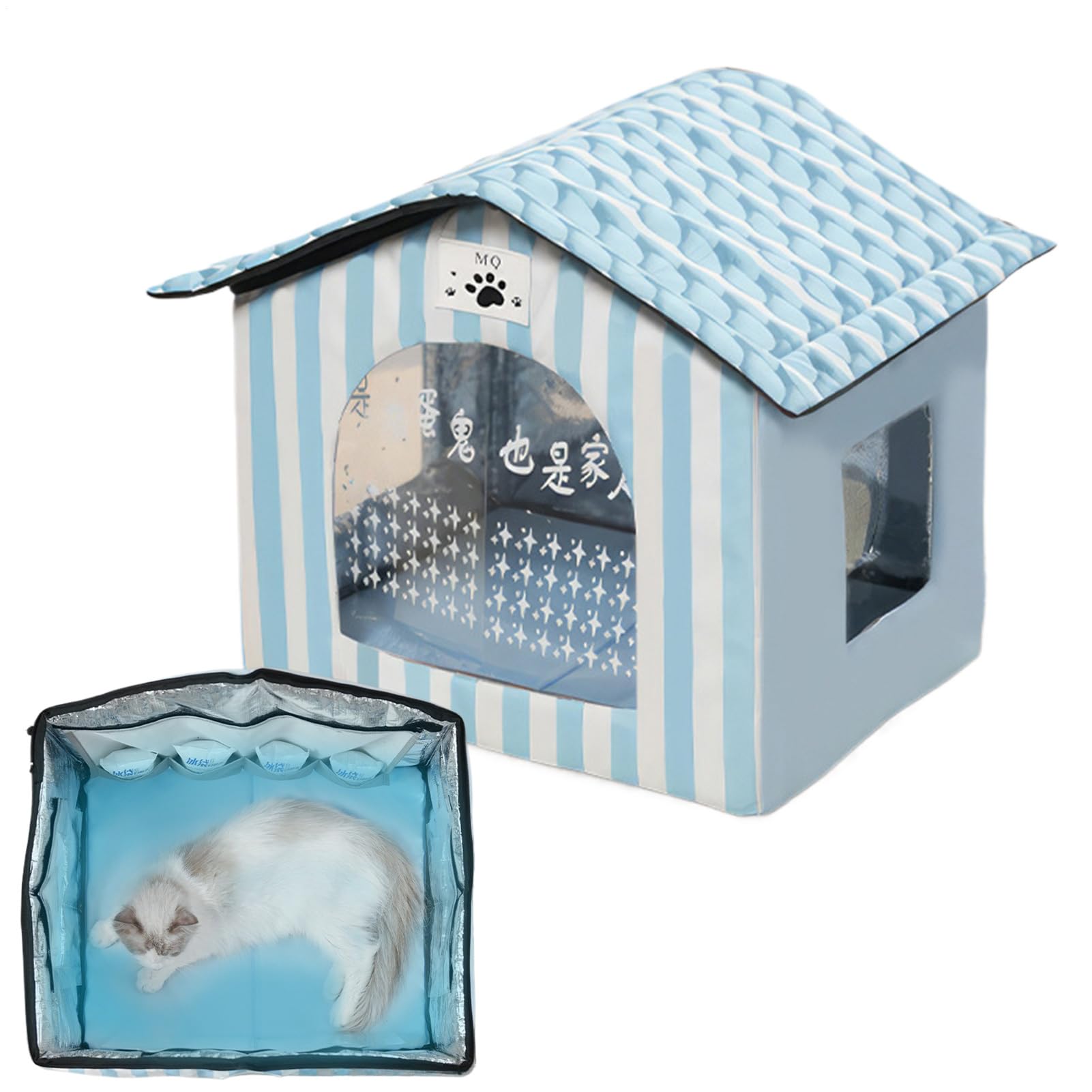 Pochette à glace pour chat incluse dans cette niche extérieure contre la chaleur