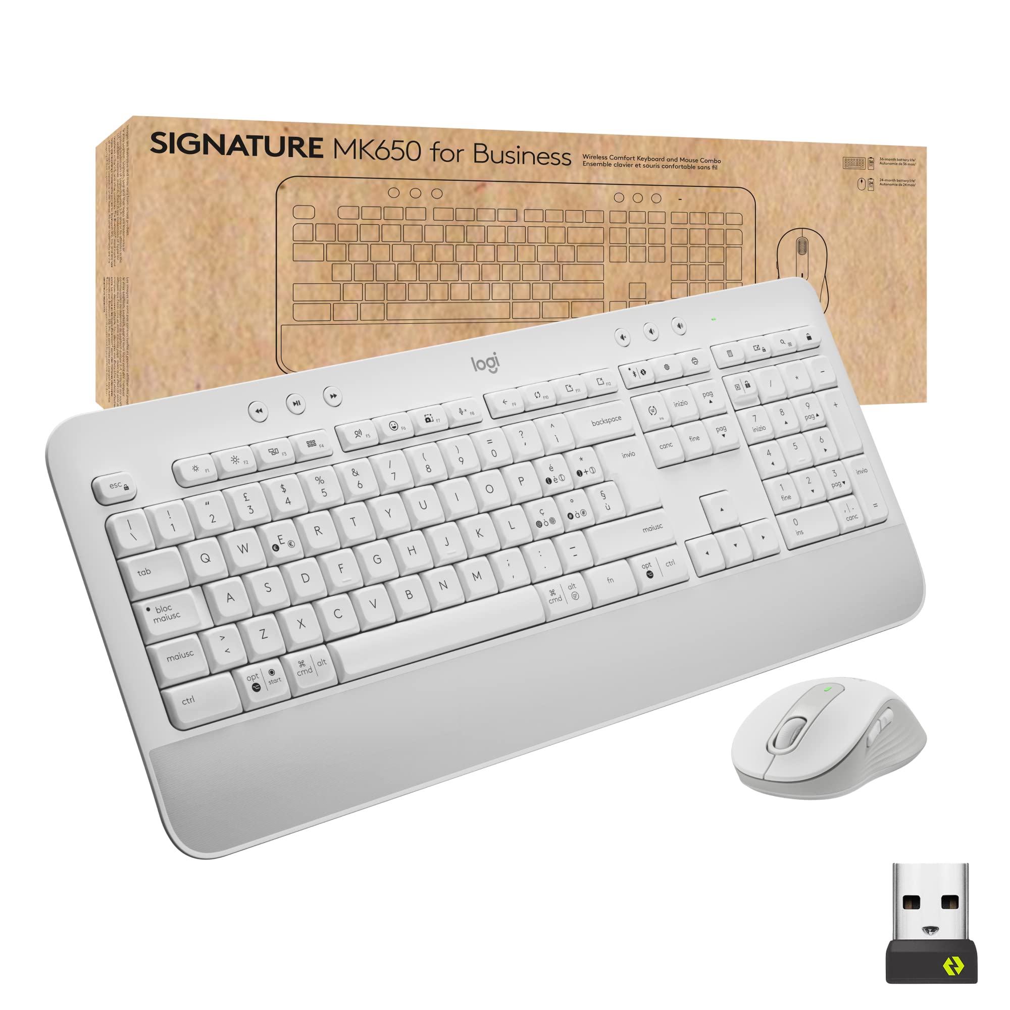 Logitech Signature MK650 Combo for Business | Mouse e tastiera senza fili, Logi Bolt, Bluetooth, SmartWheel, Win/Mac/Chrome/Linux, Layout Italiano QWERTY - Bianco