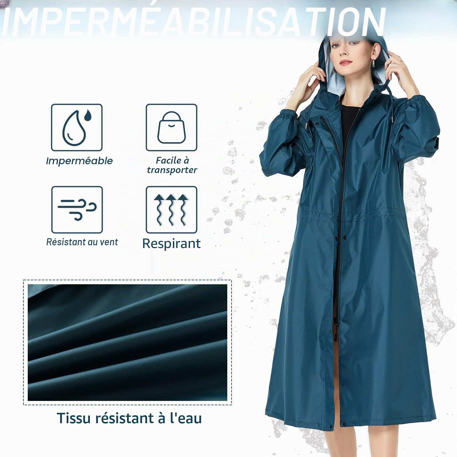 Femmes Imperméable Veste de Pluie Léger Capuche Imperméable Long Extérieur Réutilisable Séchage Rapide Vêtements de Pluie